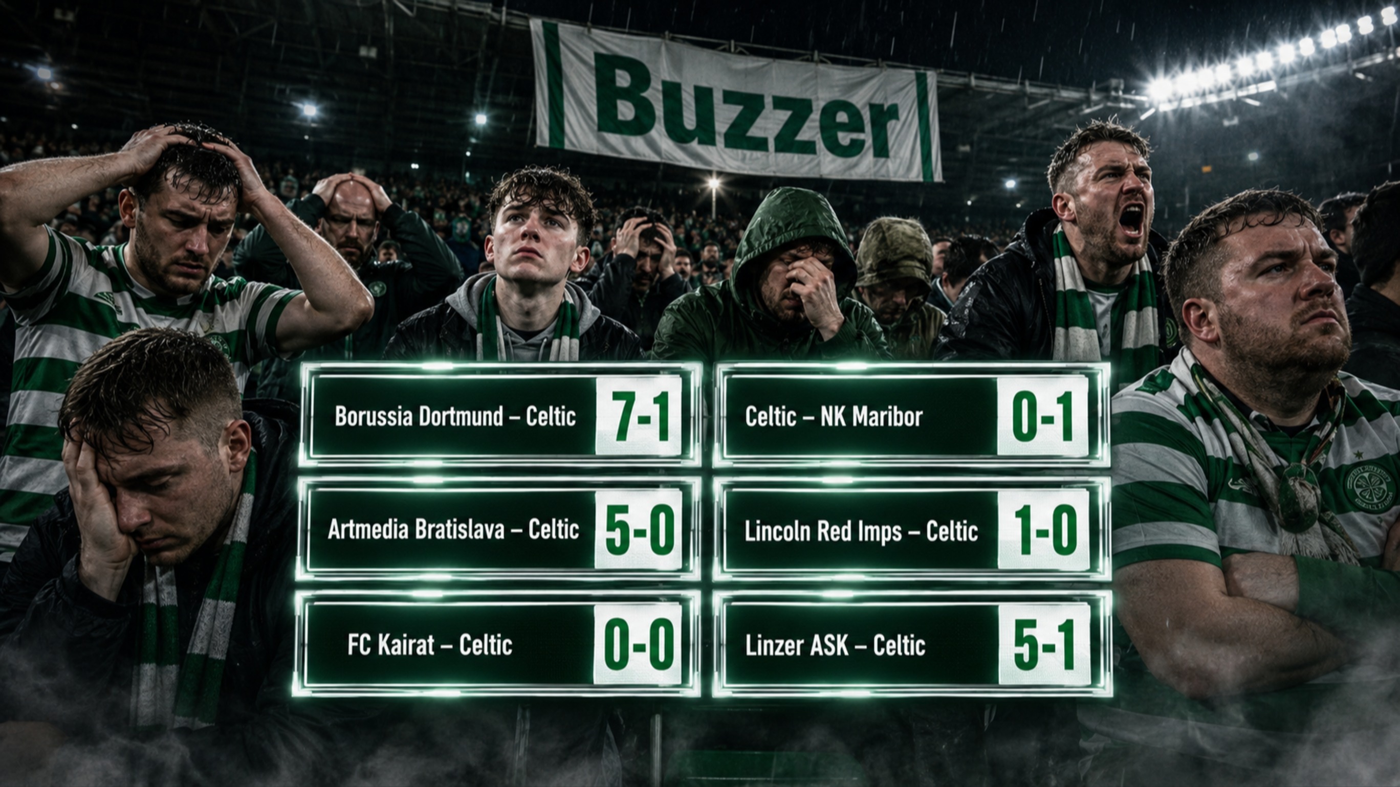 ## From Dortmund to Linz, the nights Celtic would rather forget

The humiliation against LASK immediately took its place among the darkest nights in Celtic’s history. The Glasgow side travelled to Austria with a commanding advantage but suffered a 5-1 defeat and missed out on a place in the Champions League league phase.

The result in Linz added another chapter to a surprisingly long list of European disasters endured by the Scottish club in the 21st century. Although Celtic can look back on a remarkable continental history, the contrast between their former glory and some of their more recent performances could hardly be greater.

European champions in 1967 and European Cup finalists again three years later, Celtic also reached the 2003 UEFA Cup final, where they lost to José Mourinho’s Porto. Since 2000, however, the Scottish giants have suffered several inexplicable eliminations, some against opponents with considerably fewer resources and much less European pedigree.

## 7th place – Borussia Dortmund 7-1 Celtic in 2024

Celtic have suffered several heavy defeats against Europe’s leading clubs, but the night in Dortmund stands apart. The Scottish side conceded seven goals against a team that had been eliminated from the Europa League by rivals Rangers only a few seasons earlier.

The match began at a frantic pace. Emre Can opened the scoring from the penalty spot, but Daizen Maeda responded immediately to bring Celtic level. The Japanese forward’s goal did little to alter the direction of the contest.

Karim Adeyemi exploited every gap in the Scottish defence and completed a hat-trick. Serhou Guirassy converted another penalty, leaving Borussia Dortmund with a commanding 5-1 lead by half-time.

Guirassy struck again after the interval before Felix Nmecha completed the scoring. Celtic later progressed to the knockout phase and came close to causing an upset against Bayern Munich, but that run could not erase the memory of their disastrous night in Dortmund.

## 6th place – Celtic 0-1 Maribor in 2014

The elimination at the hands of the Slovenian champions was particularly difficult to accept because Celtic had been handed an unexpected second chance in Champions League qualifying.

Legia Warsaw had won both matches against the Scottish side in the previous round. However, the Polish club fielded a suspended player following an administrative error and were subsequently removed from the competition by UEFA. Celtic therefore advanced despite having lost the tie on the pitch.

After earning a 1-1 draw in Slovenia, Ronny Deila’s team went into the return leg at Celtic Park as favourites to qualify. The advantage of playing at home and their favourable position following the opening match ultimately counted for nothing.

Celtic struggled to create opportunities and rarely troubled goalkeeper Jasmin Handanović. Maribor captain Marcos Tavares scored with 15 minutes remaining to send the Slovenian club through. The Scottish side had squandered the unexpected opportunity created by Legia Warsaw’s administrative disqualification.

## 5th place – Utrecht 4-0 Celtic in 2010

Celtic travelled to the Netherlands with a two-goal advantage from the first leg of their Europa League play-off. Neil Lennon’s team had also made a promising start to their domestic campaign, and qualification for the group stage appeared to be within reach.

Their plans unravelled during the opening 20 minutes of the return leg. Ricky van Wolfswinkel scored twice to completely wipe out the advantage Celtic had established in Glasgow.

The Dutch striker completed his hat-trick in the second half, while Barry Maguire added Utrecht’s fourth goal. The home side emphatically turned the tie around, eliminating Celtic before the group stage and denying them the significant financial rewards that would have accompanied qualification.

Lennon attributed the defeat to his players’ attitude and the psychological fragility they had shown in European matches.

“I have seen it too many times in Europe,” Lennon said afterwards. “It is a mentality thing, I think, more than anything else.”

## 4th place – Artmedia Bratislava 5-0 Celtic in 2005

Gordon Strachan’s tenure as Celtic manager began with one of the most difficult European nights in the club’s history. The Scottish side suffered a 5-0 defeat in Bratislava, with their defence unable to contain the hosts’ attacking threat.

Juraj Halenár was the outstanding performer and scored a hat-trick. Blažej Vaščák and Martin Mikulič also found the net, turning Strachan’s first European match in charge of Celtic into a nightmare debut.

The Glasgow club produced a powerful response in the return leg and secured a 4-0 victory. Their comeback remained incomplete, however, as Artmedia narrowly protected the advantage they had established in Slovakia.

The elimination came at a time when the Conference League did not exist and there was no opportunity for Celtic to continue their campaign in a lower-tier European competition. Their continental season was therefore over almost as soon as it had begun.

## 3rd place – Lincoln Red Imps 1-0 Celtic in 2016

Brendan Rodgers had only just taken charge of Celtic when his new team produced one of the most embarrassing upsets in Champions League qualifying history.

Lincoln Red Imps, the champions of Gibraltar, won the first leg 1-0. The enormous gulf in stature and resources between the two clubs turned the result into a major story across the British and international media.

Celtic avoided elimination by winning the return leg 3-0 in Glasgow. The Scottish side later reached the Champions League group stage, where they produced several creditable performances against significantly stronger opposition.

Rodgers’ team also completed the domestic season unbeaten. The Northern Irish manager built a side that dominated Scottish football, but he was unable to reproduce that same authority in European competition.

## 2nd place – Kairat 0-0 Celtic in 2025

Celtic missed out on the Champions League league phase after failing to score across 210 minutes of their two-legged tie. The return match away to Kairat Almaty remained goalless after extra time, meaning qualification had to be decided by a penalty shootout.

Substitute Adam Idah missed Celtic’s first spot-kick. Kairat’s goalkeeper then saved attempts from Luke McCowan and Daizen Maeda.

The Kazakh side won the shootout 3-2 and qualified for the Champions League league phase for the first time in their history. For Celtic, the elimination represented a major sporting and financial failure.

The club had already been criticised for its lack of investment during the transfer window, while the relationship between Brendan Rodgers and the board was becoming increasingly strained. Two months after the defeat to Kairat, the manager resigned following a dispute that could no longer be concealed from the public.

## 1st place – LASK 5-1 Celtic in 2026

Celtic suffered one of the most remarkable collapses in Champions League qualifying history on a disastrous night in Linz. The Scottish side had won the first leg by three goals and appeared to hold a more than sufficient advantage to secure qualification.

Their position became even stronger after Callum McGregor scored during the first half of the return leg. At that stage, Celtic led by four goals on aggregate and seemed almost certain to reach the league phase.

Supporters could already have been forgiven for thinking about potential trips to Paris, Munich or Madrid. LASK refused to surrender and responded with bold, intense and relentlessly attacking football.

The Austrian side gradually reduced the deficit, taking advantage of Celtic’s passivity and defensive uncertainty. A stoppage-time goal sent the tie into extra time, during which the visitors were unable to produce a convincing response.

LASK continued to attack and made it 5-1. The hosts even missed a penalty that could have turned Celtic’s defeat into an extraordinary 6-1 scoreline. Martin O’Neill’s team surrendered a four-goal aggregate advantage and, with it, their place in the Champions League.

Celtic continued their European season in the Europa League, but the result in Linz immediately became the lowest point in Celtic’s European history, one marked by unforgettable triumphs and equally unforgettable failures.