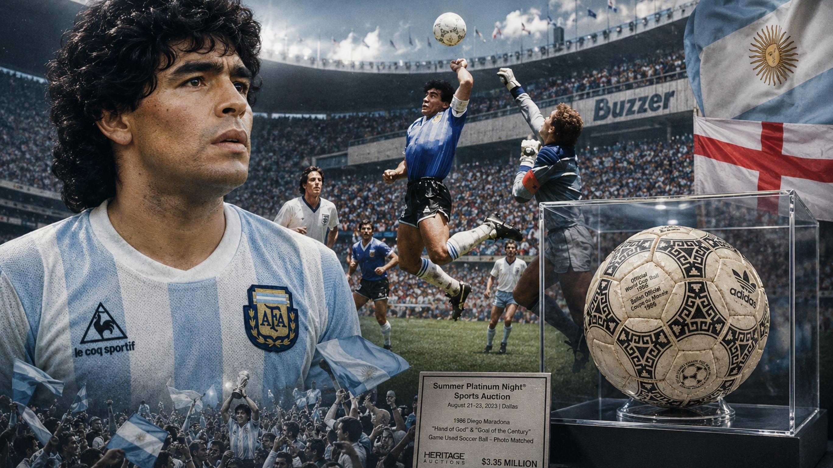 ## The ball behind Diego Maradona’s “Hand of God” and “Goal of the Century” finds a new owner

Few objects in sporting history have witnessed moments so different yet equally unforgettable. Within just four minutes, the same ball was involved in a controversial goal and one of the greatest individual goals football has ever seen. Diego Maradona was at the heart of both moments during Argentina’s match against England at the 1986 World Cup.

Four decades later, the ball used in that historic encounter continues to attract the attention of collectors. It was recently sold through the American auction house Heritage Auctions for $3.35 million, equivalent to approximately €2.8 million.

The identity of its new owner has not been disclosed, leaving the destination of one of football’s most famous artefacts a mystery, at least for now.

## The day an ordinary ball entered football history

On 22 June 1986, Argentina and England met in the quarter-finals of the World Cup in Mexico. The match at Mexico City’s Estadio Azteca would become famous for the two goals scored by Diego Maradona.

The first entered football folklore as the “Hand of God.” The Argentine forward jumped to challenge for a high ball but directed it into the net with his left hand. Tunisian referee Ali Bin Nasser failed to spot the infringement and allowed the goal to stand.

After the match, Maradona described the incident with a phrase that would travel around the world and forever define that moment. He said the goal had been scored “a little with the head of Maradona and a little with the hand of God.”

England’s players protested, but the decision was not overturned. That refereeing error helped transform the ball into a collector’s item with extraordinary historical significance.

## Four minutes later, Diego Maradona produced a masterpiece

Shortly after opening the scoring, Maradona produced a moment of pure brilliance that would leave an equally lasting mark on football history.

The Argentine collected the ball inside his own half, dribbled past several opponents and completed his run with a finish that left the world speechless. The strike became known as the “Goal of the Century.”

Within a matter of minutes, the same ball had been involved in both a controversial incident and a goal widely regarded as the ultimate expression of individual brilliance. The connection between those two moments made it a unique piece of World Cup history.

Argentina defeated England and went on to win the 1986 World Cup. For Maradona, the tournament in Mexico represented one of the defining achievements of his career and cemented his status as a footballing legend.

## Referee Ali Bin Nasser kept the ball for decades

After the match at Estadio Azteca, the ball came into the possession of Tunisian referee Ali Bin Nasser. He kept it at his home for approximately three decades.

The referee’s connection to the ball is inseparable from the story of the opening goal. Had Ali Bin Nasser spotted Maradona’s handball and disallowed the goal, the ball would not have carried the same symbolic importance.

In 2022, the referee decided to sell the collector’s item. It changed hands for approximately $2.37 million, underlining the enormous demand for memorabilia associated with Argentina’s former captain.

The ball was offered at auction again a year later but failed to sell. None of the bidders met the reserve price set by the owner.

## The final price fell short of expectations

The latest auction was organised by Heritage Auctions approximately one month after the conclusion of the 2026 World Cup.

Bidding opened at $2.5 million. The organisers hoped that interest in the ball would push its price towards the amount paid for the shirt Maradona wore during the same match.

The Argentine’s shirt had sold for $9.3 million in 2022. By comparison, the winning bid for the ball reached $3.35 million, well below the figure anticipated by those involved in the auction.

Nevertheless, the latest sale price exceeded the amount paid in 2022, when Ali Bin Nasser parted with the object he had kept for decades.

Compared with the sums involved in modern football, the ball’s value may appear surprisingly modest. Approximately €2.8 million is less than many routine transfer fees, despite the ball’s extraordinary place in football history.

## The mystery buyer fuels a Neapolitan dream

Heritage Auctions has not revealed the identity of the winning bidder. That secrecy has encouraged speculation about where the ball associated with Maradona’s most famous goals might eventually end up.

One possibility capturing the imagination of supporters is Naples, the city where the former Argentina international transcended his status as a great footballer and became a symbol of local identity.

One name linked to the speculation is Napoli president Aurelio De Laurentiis, who frequently travels to the United States. However, there is no evidence that he purchased the ball.

For Maradona’s admirers, displaying it in Naples would carry special significance. The city continues to honour the Argentine through murals, photographs, memorabilia and the stadium that bears his name.

Wherever it ultimately ends up, the ball used in the match between Argentina and England remains forever linked to two moments that changed football history. One generated controversy, while the other became a masterpiece. Together, they transformed an ordinary ball into a treasured relic of the most captivating chapter in Diego Maradona’s career.