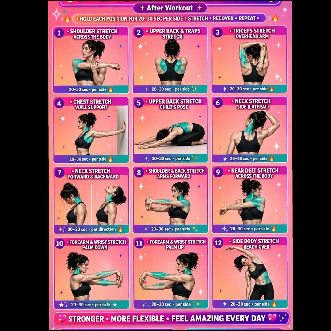 Post by Hadjer Trending: Don't skip your stretches! 🔥 12 moves - 20 sec each - Feel amazing after workout ✨ SAVE this for later and TAG your...
