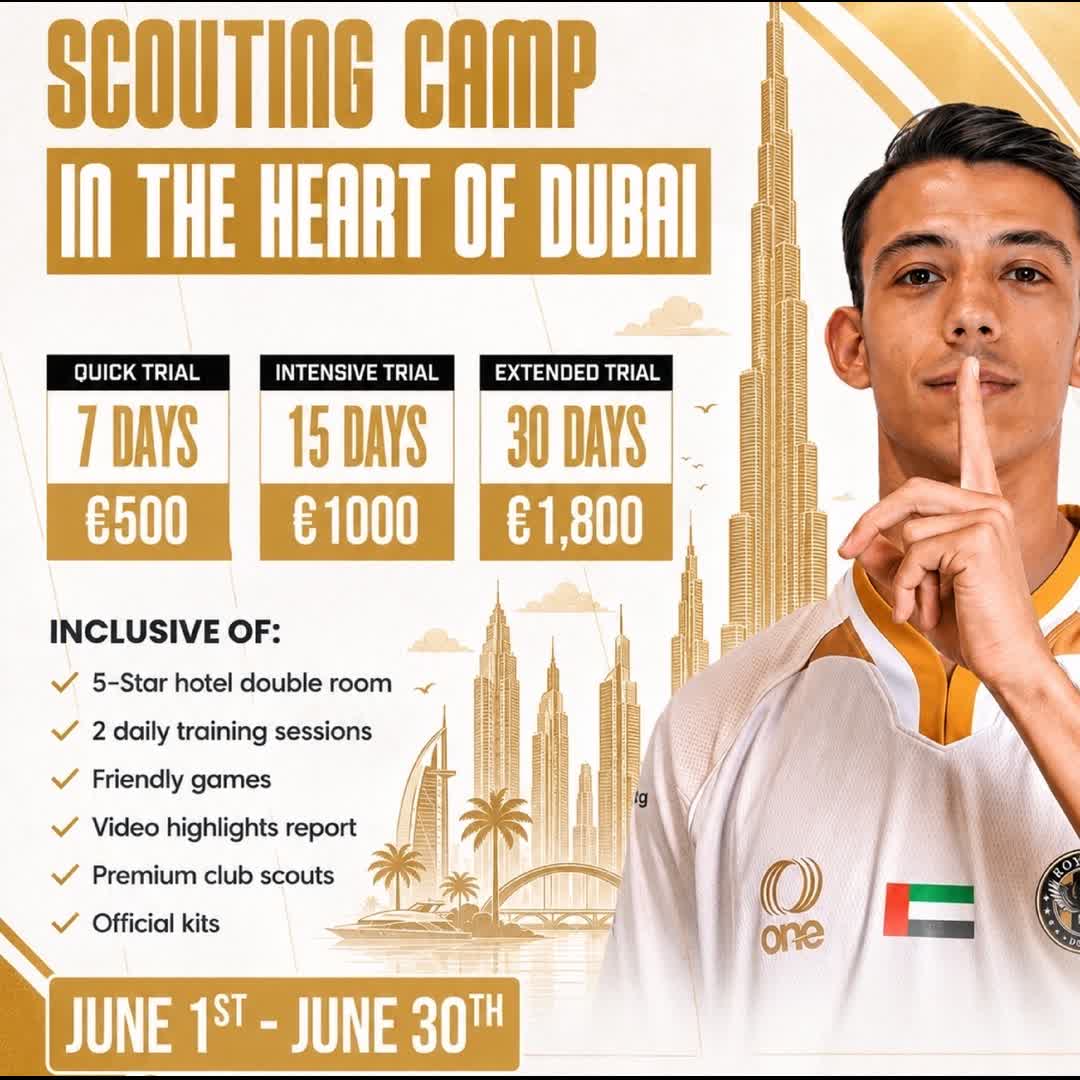 Post by Royal FC: 🚨 SCOUTING CAMP 2026 — IN THE HEART OF DUBAI 🇦🇪 Royal FC is looking for talented players ahead of the 2026/27...