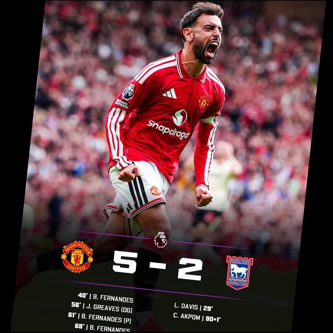 Post by De United Sport News: 3️⃣ 𝐓𝐇𝐄 𝐁𝐑𝐔𝐍𝐎 𝐇𝐀𝐓-𝐓𝐑𝐈𝐂𝐊 𝐒𝐇𝐎𝐖! 🤯💥 Man United demolish Ipswich Town on first home game 🌪️ Three...