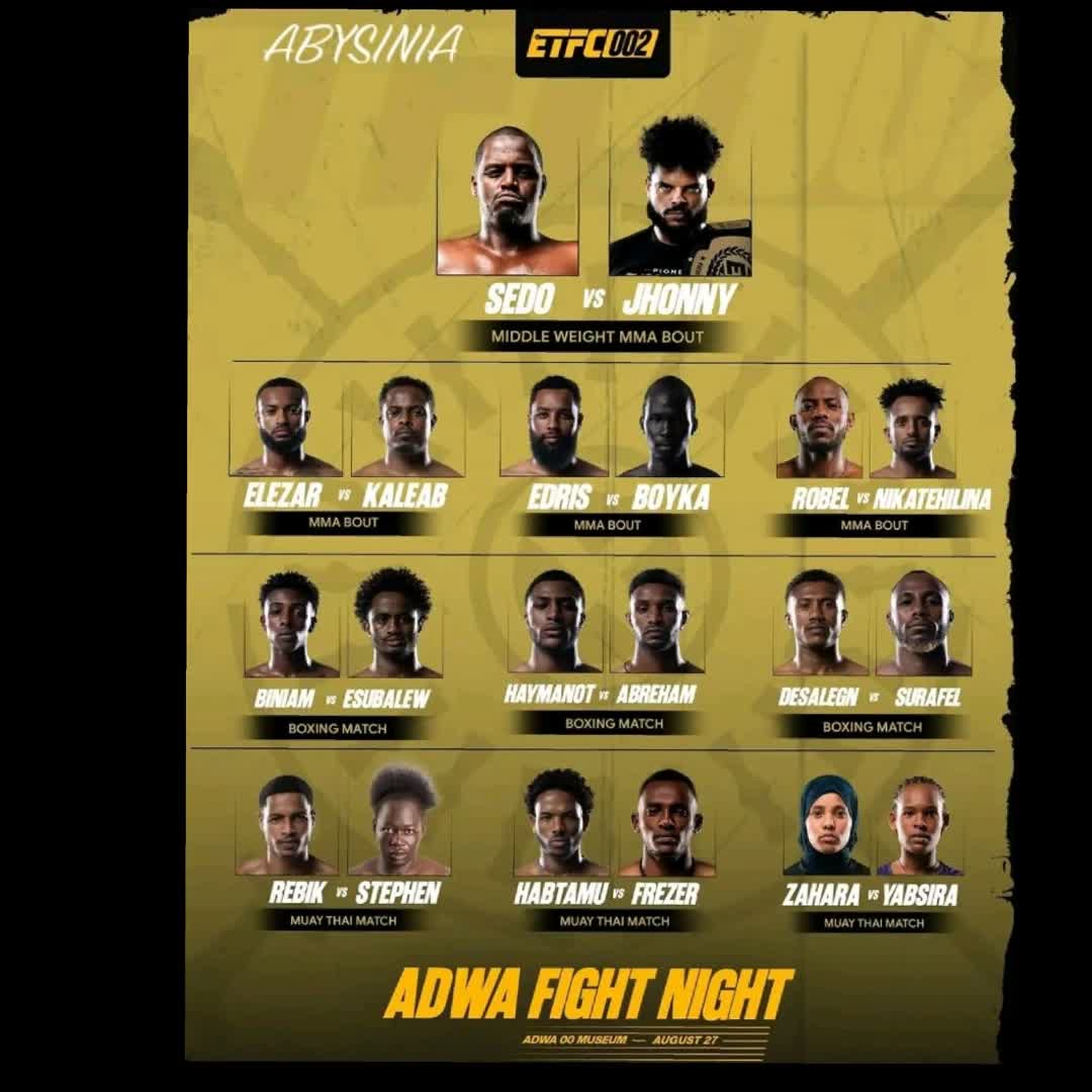 Post by Melkamu Asmare: የዛሬ ተጋጣሚዎች ✔️🥊 MMA ጆኒ ከ ሴዶ ኤልዛር ከ ቃለአብ ንቃተ -ህሊና ከ ሮቤል እድሪስ ከ ቦይካ ✔️🥊 Boxing መስፍን ከ አቤኔዘር ሃይማኖት ከ አብርሃም እሱባለው ከ...