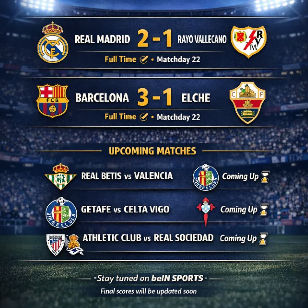 Post by Nina Sport: 📌 Official La Liga Results – 01/02/2026 🇪🇸 La Liga EA Sports matchday fixtures and outcomes 🔹 Real Madrid 2–1...
