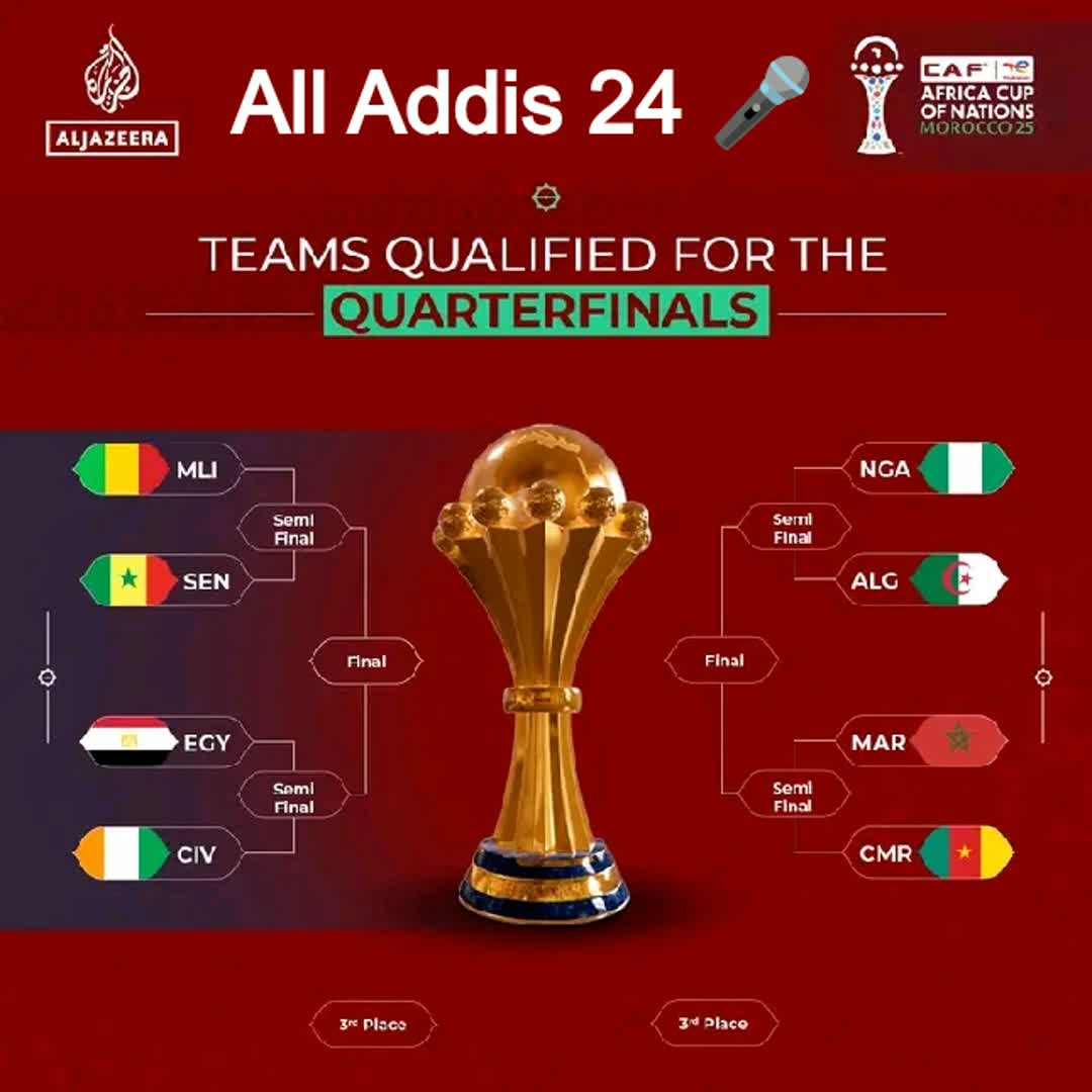 Post by All Addis 24: The Africa Cup of Nations 2025 quarterfinals are set. Who’s booking a semifinal spot? Tell us your picks 👇 #AFCON25...