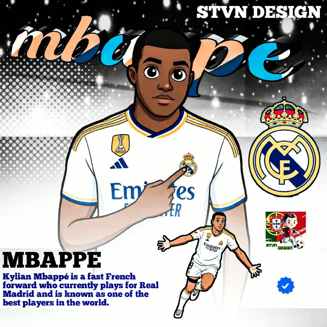Post by STVN DESIGN: Cartoon illustration of Kylian Mbappé by STVN DESIGN, wearing a Real Madrid jersey. He's described as a fast French...