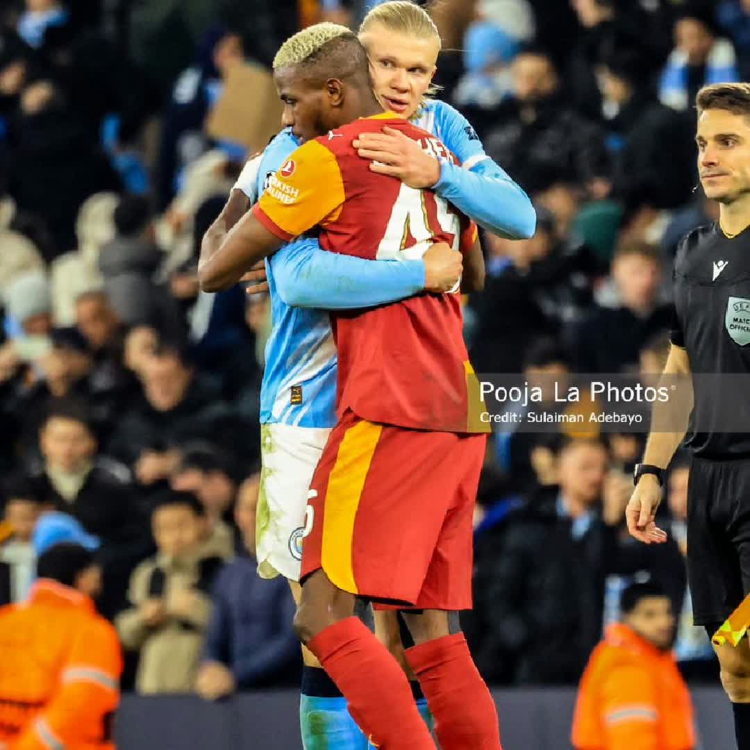 Post by Uche Ihuarulam: Victor Osimhen & Erling Haaland share hugs after the game at Etihad Stadium. @jemalosman27 @sofonias12 @bajjio...