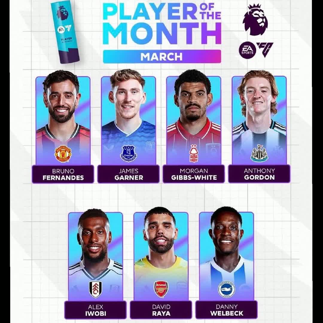 Post by Khalid Yassin: 🚨 𝐎𝐅𝐅𝐈𝐂𝐈𝐀𝐋: Nominees for Premier League’s 𝐏𝐥𝐚𝐲𝐞𝐫 𝐨𝐟 𝐭𝐡𝐞 𝐌𝐨𝐧𝐭𝐡 for March have been unveiled...