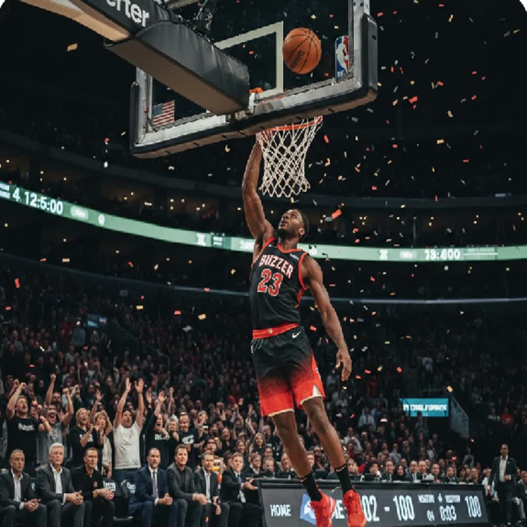Post by Buzzer_Soccer_ Officielle: LeBron James, the basketball icon, effortlessly floats through the air in a gravity-defying dunk. The vibrant red...