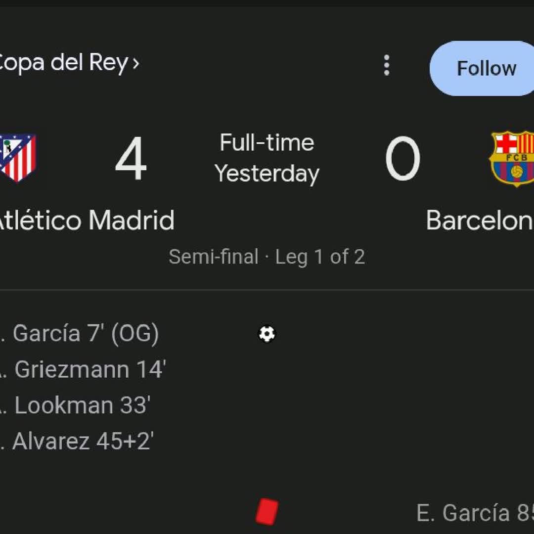 Post by Samuel Quaye: Copa del Rey Semi-final, league 1 was fire. Atletico in the lead. @tisrael @joannehidalgo00 @chinweikenwuguru29...