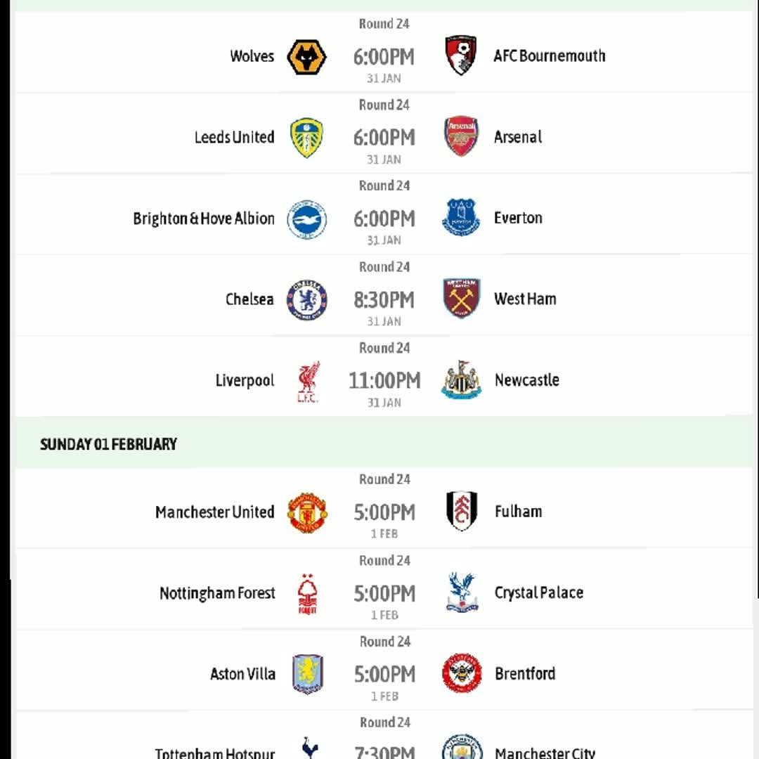 Post by Abi Eyuel Sport: Premier League MATCHES Round 24 #buzzer #viral #fyp #sports #Daily #buzzer_fan_official #soccer #trending