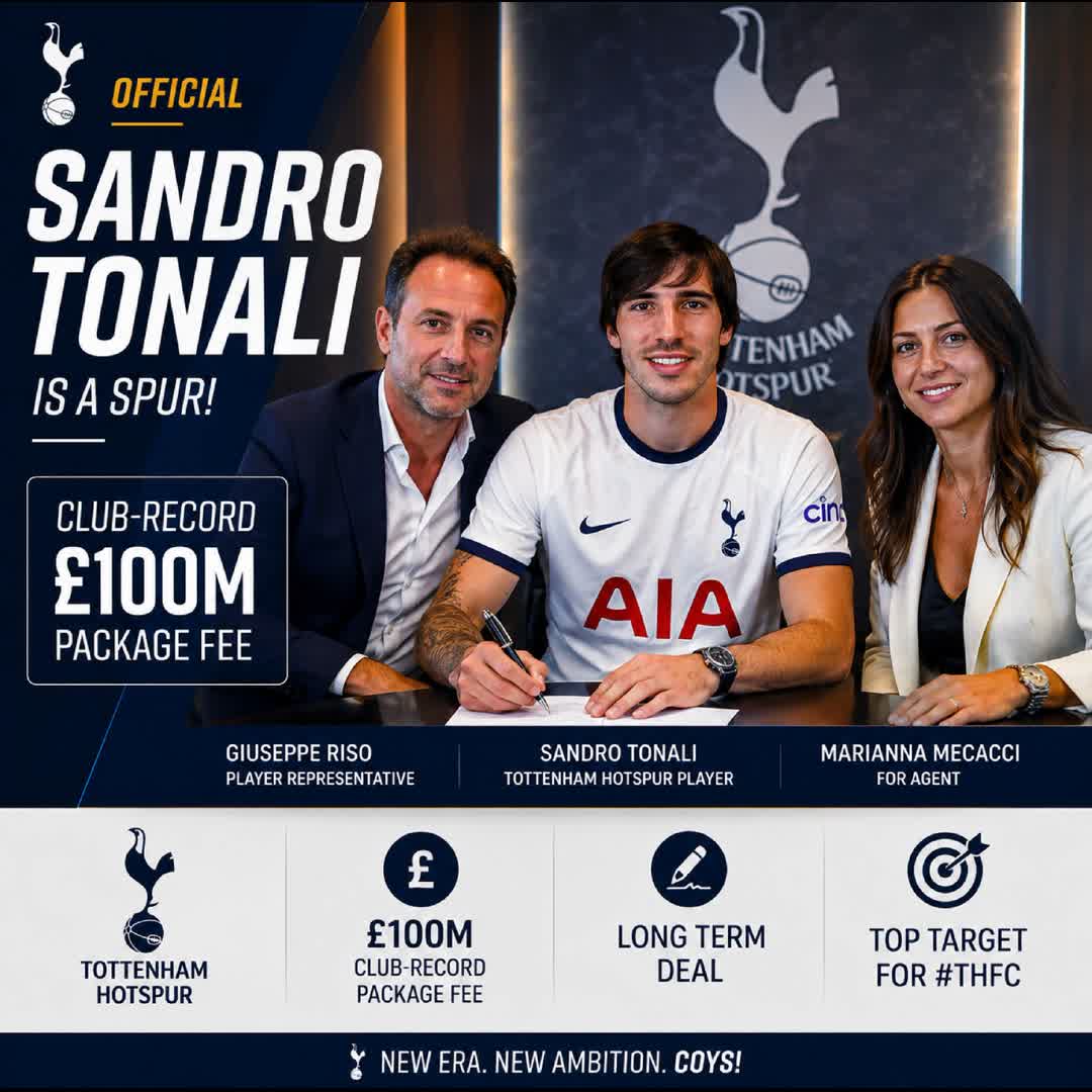 Post by MN Tuke: 🚨 Sandro Tonali is officially a Tottenham player! ⚪✍️ A club-record £100m deal seals the move as Spurs land their...