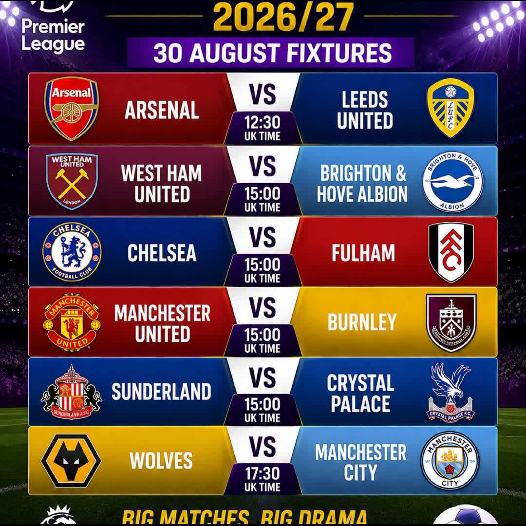 Post by MN Tuke: Premier League 2026/27 — 30 August Fixtures 🎯 Who will win? Make your predictions! 👇