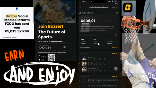 **ITS FAST EVOLVING**🏀  FROM WATCHING TO EARNING

**LITTLE BACKGROUND ABOUT MY SELF⛹🏼⛹🏼⛹🏼**

Being on the internet for so long, I  really love watching sports specifically basketball

From PBA to NBA it is very interesting to watch highlights from my favorite players like Lebron James and other stars like the young guns of OKC, Spurs and New York Knicks.

** ⁉❔❓HOW DID I KNOW ABOUT BUZZER SPORTS COMMUNITY ⁉❔❓**

I knew buzzer sports community from Reddit. a platform that have subreddits. I saw

buzzer sports there offering tasks that actually pays for posting sports vids and logging in everyday on the platform. At first im really hesitant if they would really pay.

But the first payment was true and the rest is history and a FORTUNE in the making🍀🤞🎱

**WHAT THINGS HAVE I DONE BEFORE THAT SUSTAIN ME AND TRUST THE PLATFORM❓**

I am continiously posting sports vids and looking for highlights that gives my interest the best experience🏀🏀🏀. I really love this sports and that's the reason why I still here in this platform. Because even they pay you, you will not last if you don't love what you are doing. And the trust and image that buzzer sports community created is something different and something the I am and most of its users are looking for.

**💗💗💗**

**WHAT BUZZER SPORTS IS REALLY ALL ABOUT❓**

In my point of view, buzzer sports is sports platform gamechanger for **ATHLETES, FANS AND INVESTORS.**

The most interesting part is that players could be an investment in these platform. Where the investor and the player can meet and earn for a common good.

If you are just a fan, you are also welcome here. Not only a fan but your time is gold here. **Why? ❓ Because you can also mine COIN **here that will be listed early this year. 💰💰💰 and the value of the coin is definitely rising.

**IF YOU ARE A BRAND LOOKING TO PROMOTE SPORTS ITEMS THEN ITS BASICALLY BEST FOR YOU😮😮😮**

Buzzer Sports is built with in an image of a sports community. And you will reach more than  a Million and counting of ***SPORTS ENTHUSIAST. And this is a big win,🏆🏆🏆🥇🍾. BRANDS ****will definitely reach the sports niche community. *

*** THE LIVE ARENA🎦🎦🎦***

*You can also discover and watch different sports live on Buzzer Arena.*

***SO WHAT IS MY OVERALL IMPRESSION?***

***BUZZER SPORTS COMMUNITY IS A BIG WIN, major platforms require you to reach certain requirements before you can monetize. But here, as a start up with great future, you can actually earn even as a beginner. I am not saying the you can really make big money as a beginner but you could with consistency and proper attitude.***

***HOW CAN YOU EARN⁉⁉🤑💰💲***

***1. POST CONSISTENTLY***

***2. ENGAGE WITH OTHERS AND COMMENT ON OTHER POSTS***

***3. BE ACTIVE ON THE PLATFORM***

***4. INVITE OTHERS FOR EXTRA POINTS ***

***HOW MUCH CAN YOU EARN?💸💸💸***

***1. POSTING- 0.1$ PER 1K VIEWS***

***2. DAILY LOG IN- 0.5 COINS THAT SOON CAN BE SOLD WHEN THE BUZZER COINS***

***    ARE LISTED ON THE CRYPTO PLATFORMS.***

***3. REFERRALS- 0.15$ PER INVITE.***

***THIS IS THE VERY GOOD TIME FOR YOU TO START HERE ON BUZZER, THE EARLIER YOU START THE BETTER.***

***BUT HOW CAN YOU WITHDRAW FROM THE BUZZER APP?🏧🏦💷***

*You can withdraw by adding your CRYPTO WALLET ADDRESS OR your PAYPAL.*

*process of withdrawal:*

*1. minimum withdrawal is 10$, once you reached this, you can request for withdrawal on your dashboard.- approval is 3-5days but it may take longer depending on the volume of transaction that the finance department is processing*

***THIS PLATFORM WILL BE ONE OF THE GREATEST PLATFORM EVER CREATED.***

***INTEGRATING SPORTS INTO CRYPTO INVESTMENT HUB AND EARNING IS REALLY A GAME CHANGER 💙💖🖤🏀🏊⚽⛹️‍♀️🏅🏐🏊‍♀️👟🏋️‍♀️🏹🏄***