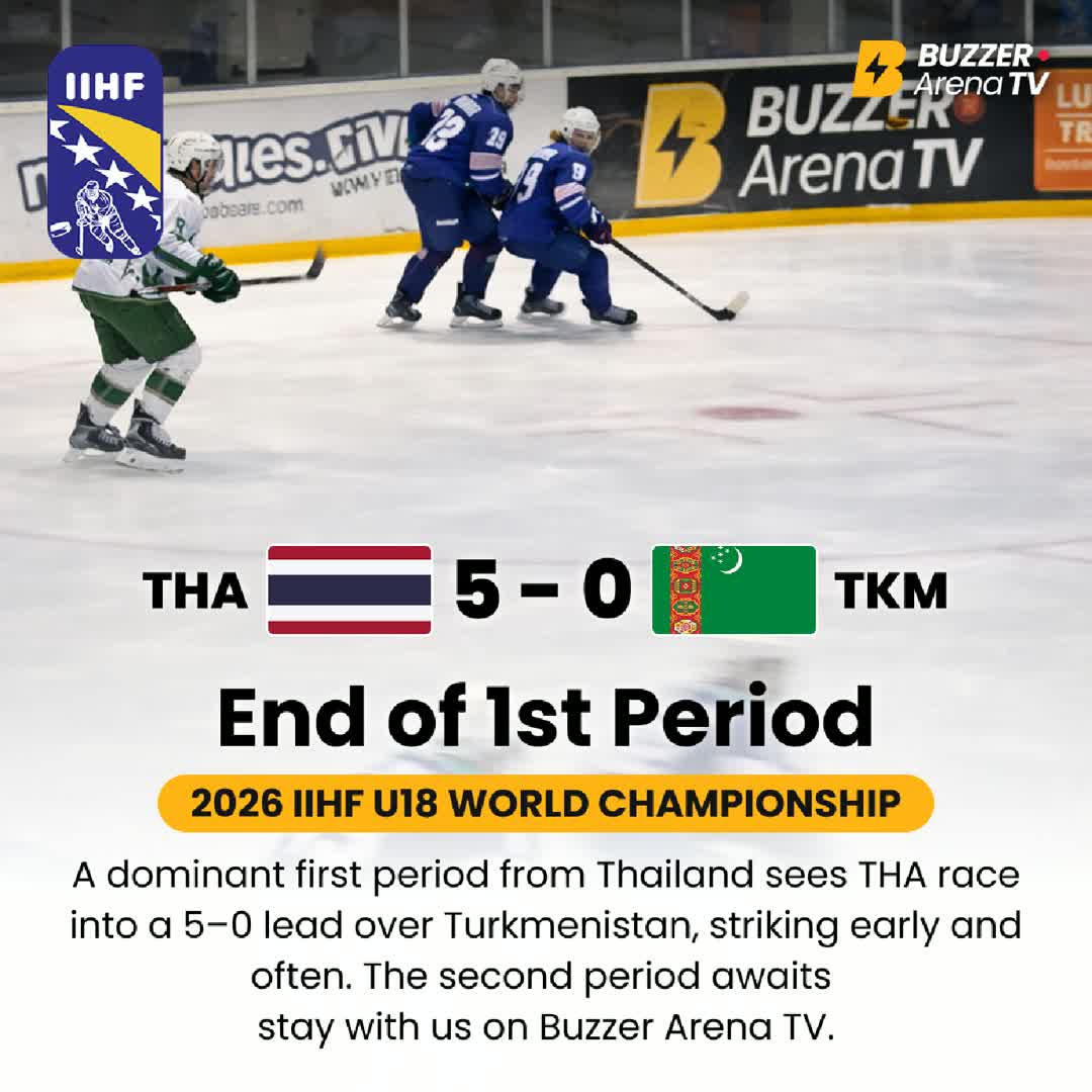 Post by Buzzer Fan: 🏒 THA 🇹🇭 vs TKM 🇹🇲 End of the 1st period in Sarajevo — and it’s all Thailand! 🇹🇭🔥 Thailand storm to a 5–0...