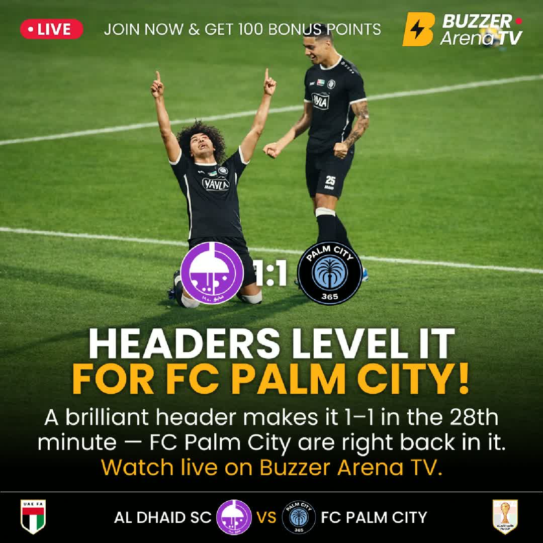 Post by Buzzer Fan: 🤩 Palm City are back in it — a brilliant header brings the equaliser! #AlDhaid #PalmCityFC #Football #Dubai