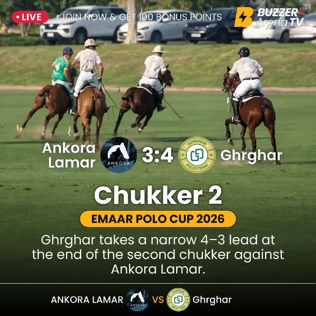 Post by Buzzer Fan: Halfway through 🔥 Ghrghar 4 – 3 Ankora/Lamar Who will take control? Stream LIVE on Buzzer 🏇 #PoloLive #DubaiPolo...