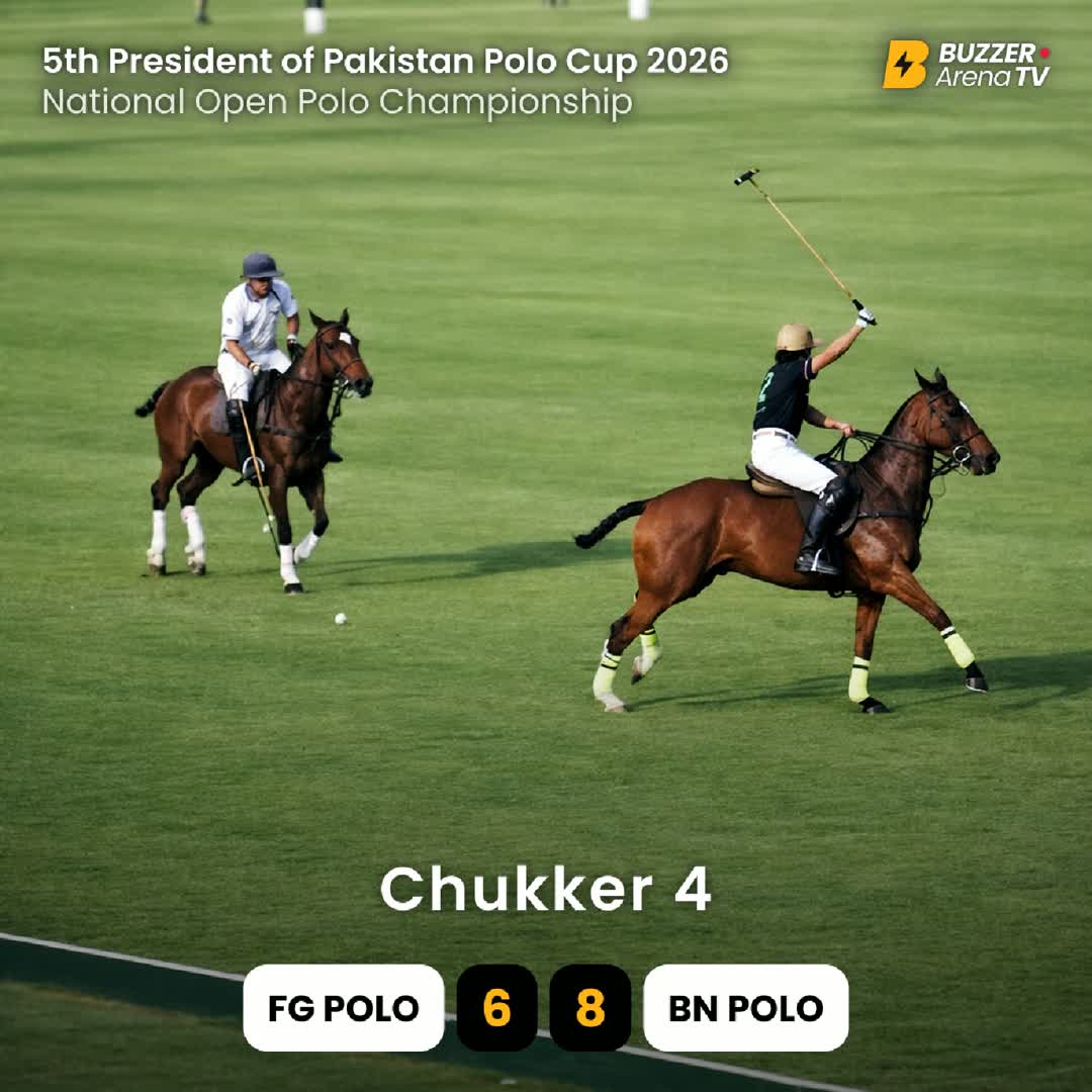 Post by Buzzer Fan: End of the 4th chukker. 🏇🔥 FG Polo Team closes the gap — BN Polo Team leads 8:6 as the 5th President of Pakistan...