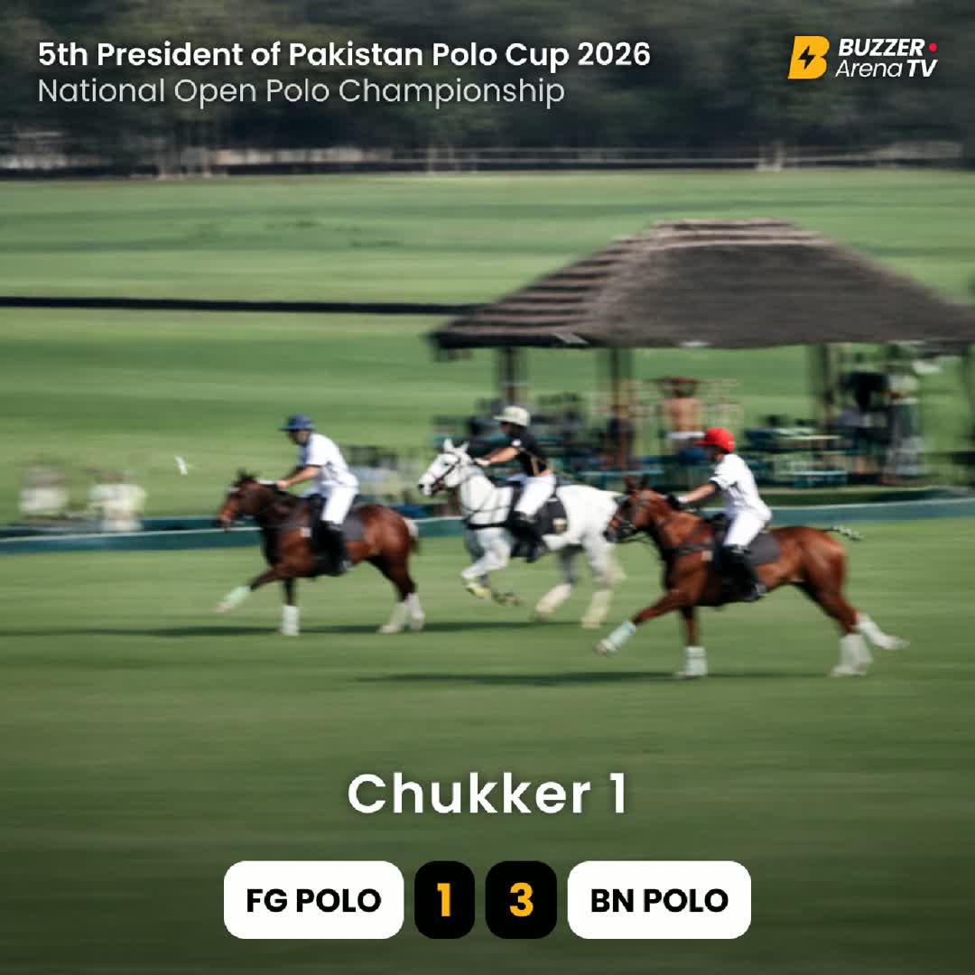 Post by Buzzer Fan: End of the 1st chukker. 🏇🔥 BN Polo Team leads FG Polo Team 3–1 in the President of Pakistan Polo Cup 2026. 📺...