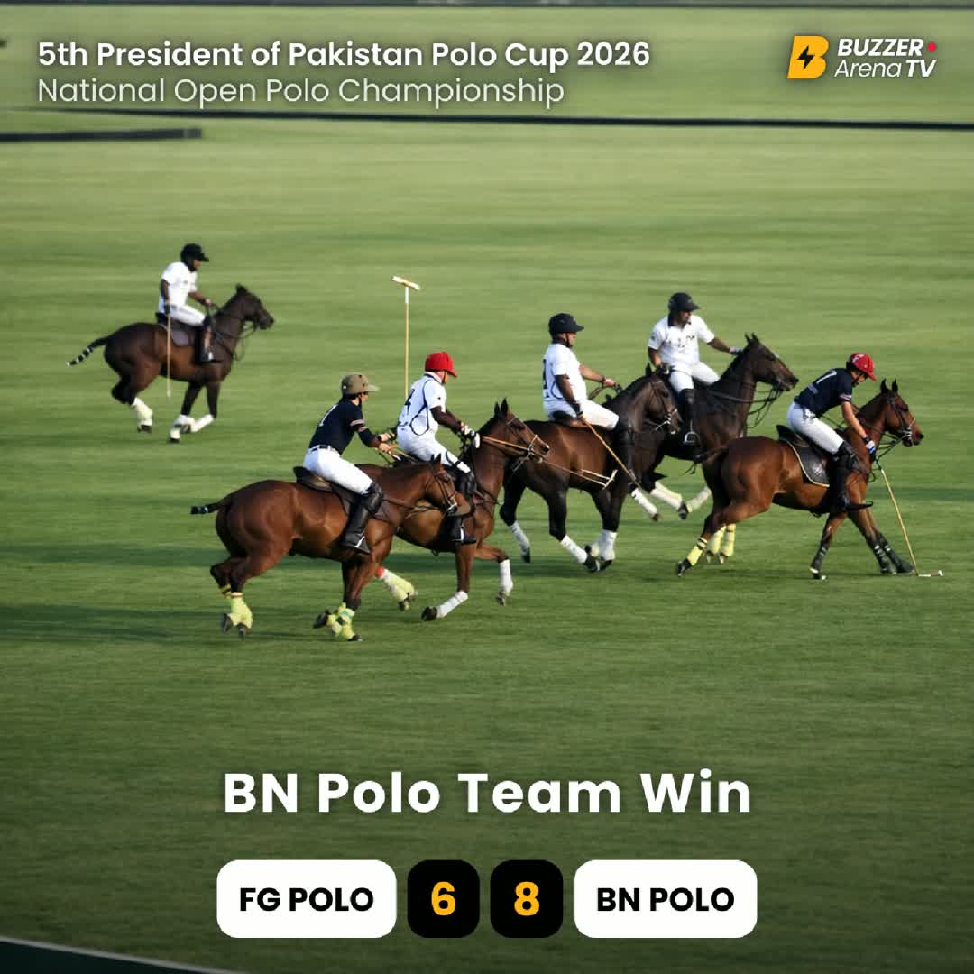 Post by Buzzer Fan: Full-time! 🏇🔥 BN Polo Team takes the win — final score 8:6 over FG Polo Team in the 5th President of Pakistan Polo...
