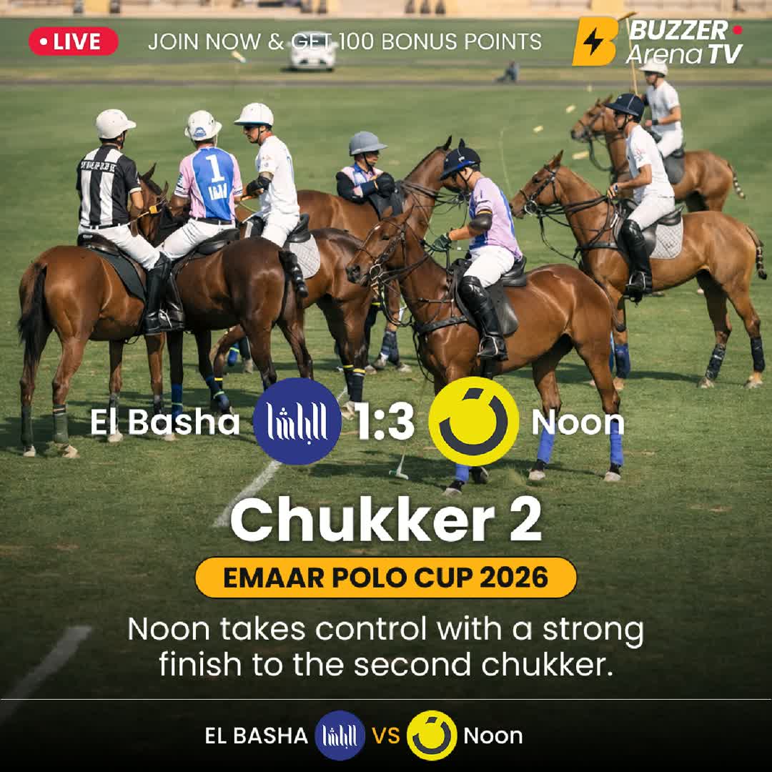 Post by Buzzer Fan: Halftime in Dubai 🏇 Noon lead 3–1 over El Basha. Watch it LIVE on Buzzer. #PoloLive #EmaarPoloCup #DubaiPolo #Buzzer