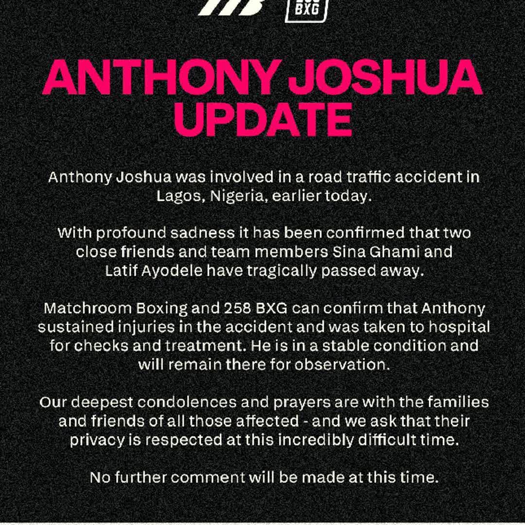Post by Septian Efendi: An update regarding Anthony Joshua. Our thoughts and prayers go to the families and friends of Sina and Latz. RIP 🙏...