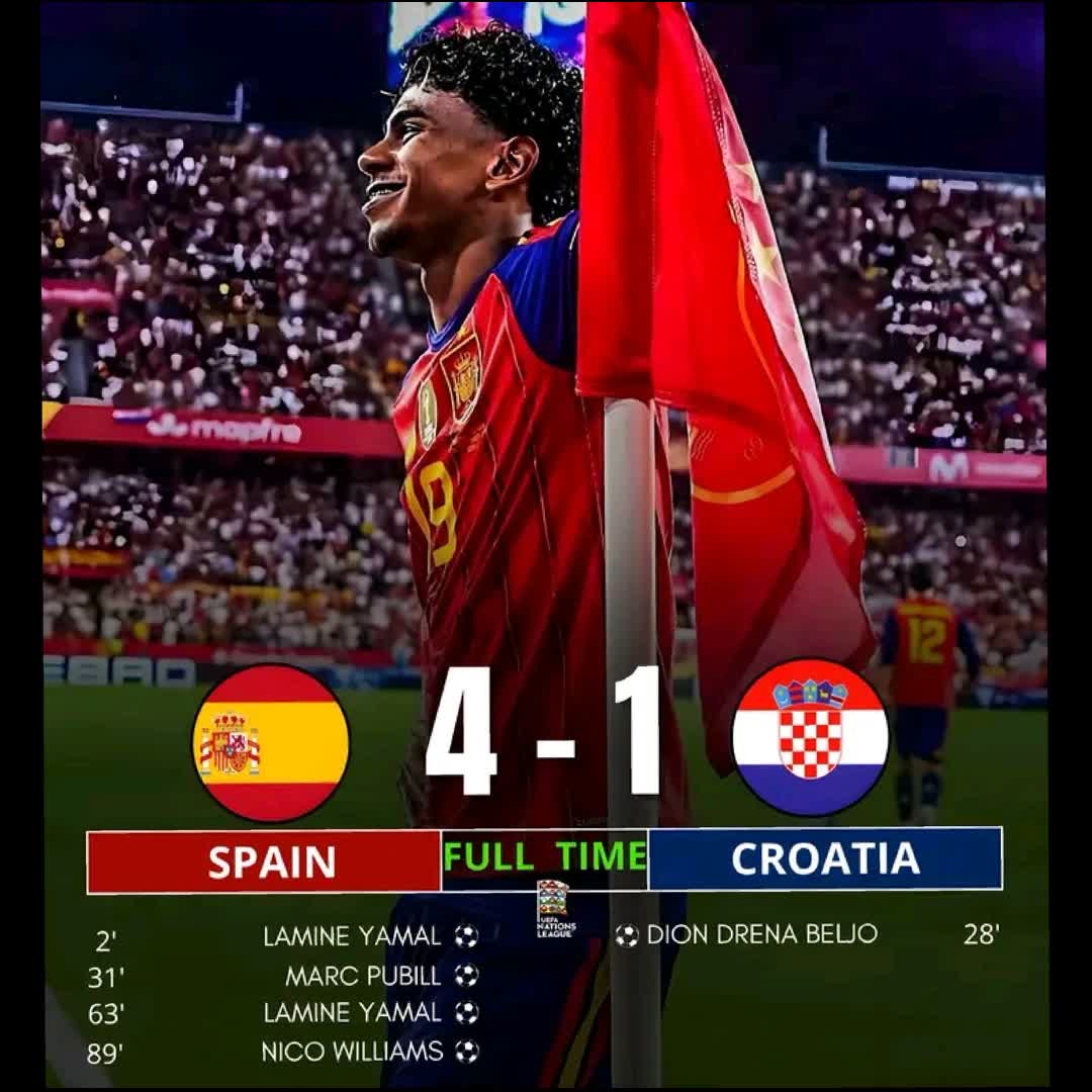 Post by Faya Fufa: 🇪🇸 Spain 4-1 Croatia 🇭🇷 (UEFA Nations League - League A Group 3) ⏰ 2' Lamine Yamal ⚽️ ⏰ 31' Marc Pubill ⚽️ ⏰ 63'...