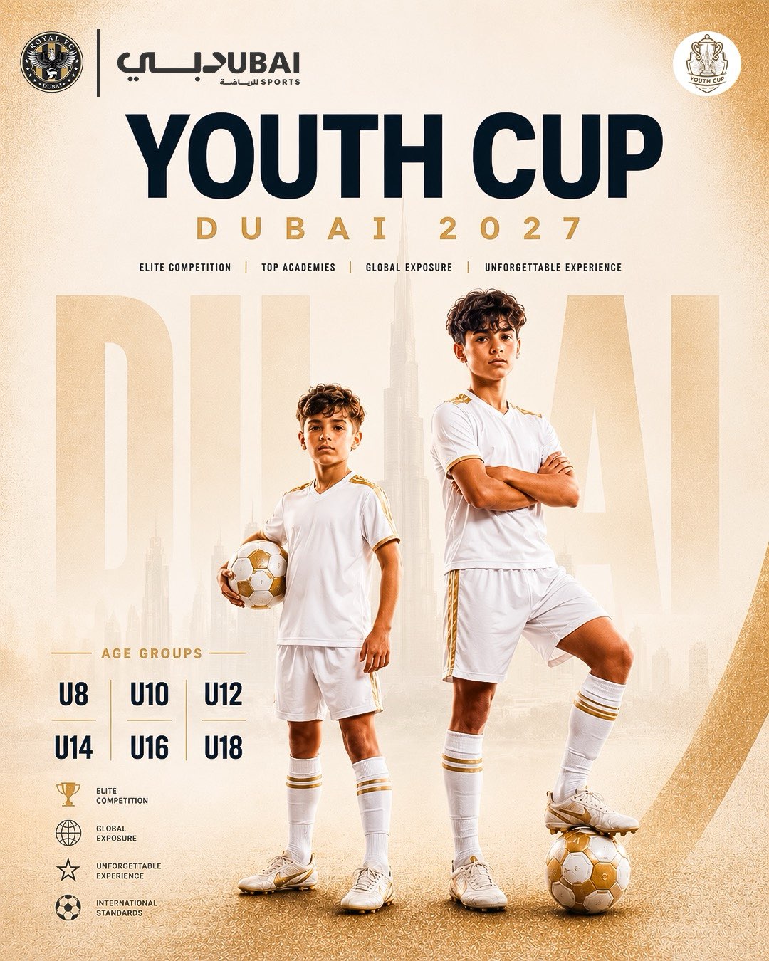 Royal FC Dubai is proud to officially announce the launch of Youth Cup Dubai 2027, a new international youth football tournament set to take place in Dubai, United Arab Emirates, during Spring 2027. 

Organized in collaboration with Dubai Sports Council, the tournament represents a major milestone for Royal FC Dubai and reflects the club’s long-term vision of contributing to the growth of youth football on a global level. 

Youth Cup Dubai 2027 aims to create an elite international platform where young football talent from around the world can compete, connect, and showcase their abilities in one of the world’s leading sporting and tourism destinations.



Hosted in the heart of the UAE, Dubai provides the perfect setting for a global youth football experience — combining world-class infrastructure, international accessibility, cultural diversity, and a rapidly growing football ecosystem.



The tournament is expected to attract football academies, youth organizations, and emerging talent from multiple countries, creating an environment focused not only on competition, but also on cultural exchange, player development, and international exposure.



Speaking about the announcement, Royal FC Dubai emphasized that the tournament is designed to become more than just a football competition.



“Youth Cup Dubai 2027 represents our ambition to build a truly international football platform for the next generation. We want to create an experience that inspires young athletes, connects football communities worldwide, and further strengthens Dubai’s position as a global hub for sports and youth development.”



The event also marks an important step in Royal FC Dubai’s broader commitment toward developing opportunities for young players and building meaningful international football partnerships.



Additional tournament details, including participating nations, partnership opportunities, formats, venues, and official schedules, will be revealed progressively over the coming months.



Royal FC Dubai and Dubai Sports Council look forward to welcoming the global football community to Dubai in Spring 2027 for what promises to become one of the region’s most exciting international youth football events.



Taking place from 1st April to 15th April 2027, the tournament will welcome 600+ teams and 8,000+ players competing across multiple age categories including U8, U10, U12, U14, U16, and U18. 



The mission of Youth Cup Dubai 2027 is to create a world-class international football platform that connects young players, academies, clubs, and communities through the power of sport. 



The tournament will feature elite football competition, professional facilities, international participation, cultural exchange opportunities, and a unique Dubai experience for players, coaches, and families. For registrations, partnerships, sponsorship opportunities, media inquiries, or general questions, please contact: [info@royalfc.club](mailto:info@royalfc.club)

