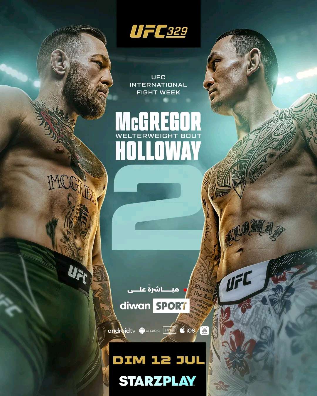 ## 📅 Event Overview & Schedule

 ***Event:** UFC 329: McGregor vs. Holloway 2

 ***Date:**Sunday, July 12 (as indicated by "DIM 12 JUL" / Dimanche) during* *UFC International Fight Week**.

 ***Weight Class:** Welterweight Bout (170 lbs)

 ***Broadcasting Partners:** STARZPLAY & Diwan Sport (with app support on Android TV, iOS, and IPTV platforms).

### Estimated Global Timing (Main Card)

Because it is a major International Fight Week pay-per-view event, the standard broadcasting schedule applies:

 ***United States (EST):** Saturday night, July 11, Main Card starts at 10:00 PM EST.

 ***Tunisia / Central European Time (CET):**Sunday morning, July 12, Main Card starts around 3:00 AM CET. The main event walkouts usually occur around* *5:30 AM CET**.

## 🥊 The Historical Background: Why This Rematch Matters

This fight is a massive legacy matchup. It represents a sequel **13 years in the making**.

### 1. The First Encounter (UFC Fight Night 26 - August 17, 2013)

 ***The Context:** Both fighters were young prospects rising through the Featherweight division. Conor McGregor was making his second UFC appearance, while Max Holloway was a 21-year-old rising star.

 ***The Fight:**McGregor won the bout via* *Unanimous Decision (30-27, 30-27, 30-26)**.

 ***The Plot Twist:** Conor McGregor tore his ACL (Anterior Cruciate Ligament) midway through the second round. Forced to adapt, McGregor abandoned his signature spinning kicks and striking to completely rely on his wrestling and ground control to secure the decision victory. To this day, Holloway remains the only Featherweight fighter to take McGregor to a decision in the UFC.

### 2. The Parallel Legends

Following that 2013 bout, their careers skyrocketed into legendary status:

 ***Conor "The Notorious" McGregor:** Went on to become the first simultaneous two-division champion in UFC history (Featherweight and Lightweight), breaking every box office and PPV record in MMA history.

 ***Max "Blessed" Holloway:**Went on an incredible 13-fight win streak, captured the undisputed UFC Featherweight Championship, defended it successfully multiple times, and solidified himself as one of the greatest strikers to ever step into the Octagon, later capturing the symbolic BMF (Baddest Motherf*******er) title.

## 🔬 Tactical Fight Analysis & Breakdown

Moving up to **Welterweight (170 lbs)** changes the entire dynamic of how these two legends match up today compared to their featherweight days.

### Conor McGregor: Key Factors

 ***The Power Advantage:** Conor possesses devastating raw power, particularly in his straight left hand. At 170 lbs, his frame carries significant muscle mass designed to finish fights early.

 ***The Precision Option:** McGregor’s counter-striking is elite. If Holloway presses forward carelessly, McGregor’s timing can neutralize high-volume pressure.

 ***The Cardio Question:** Carrying more muscle mass at Welterweight has historically caused McGregor to slow down in later rounds (as seen in his fights against Nate Diaz).

### Max Holloway: Key Factors

 ***Volume and Endurance:** Holloway is widely regarded as having the best cardio and high-volume striking in UFC history. He breaks opponents down by landing hundreds of significant strikes over a 5-round duration.

 ***Elite Chin:** Holloway has one of the most legendary chins in combat sports, having never been officially knocked down through pure strikes in his prime featherweight and lightweight runs.

 ***The Weight Adjustment:** Holloway is naturally smaller in raw muscle density compared to McGregor at 170 lbs, but his lack of a harsh weight cut means his cardiovascular gas tank will be at an all-time high.

## 📈 Fight Narrative & Expectations

> **The Classic Archetype:** This fight boils down to **Early Explosive Power vs. Late-Round Relentless Volume**.

> 

If the fight ends in Rounds 1 or 2, the advantage heavily leans toward McGregor landing a fight-ending sequence. However, if Holloway survives the initial storm and extends the fight into Rounds 3, 4, and 5, his legendary endurance and pacing make him the heavy favorite to take over the deeper the fight goes.

