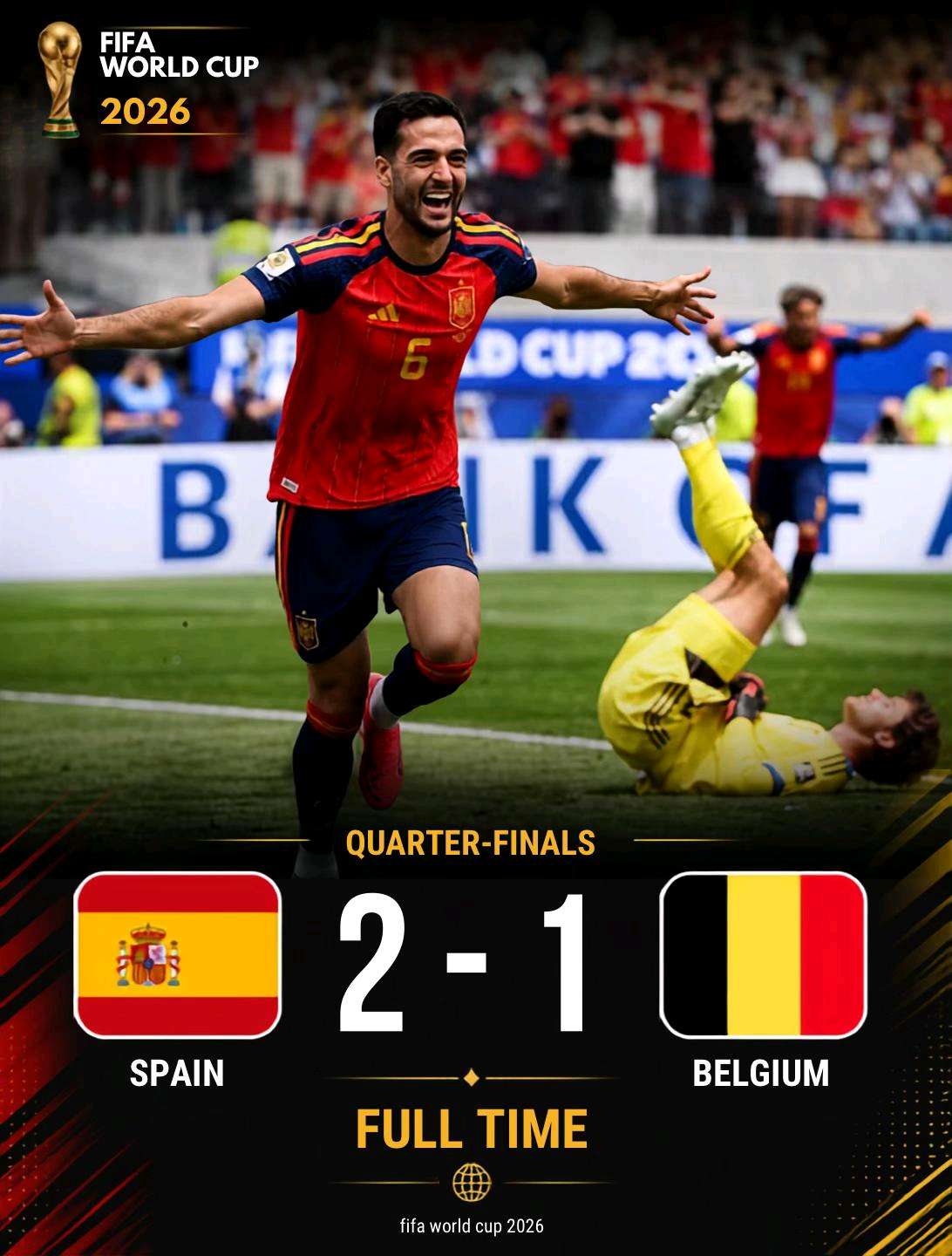 A dramatic **88th-minute winner** from super-sub **Mikel Merino** propelled European champions **Spain** into the 2026 FIFA World Cup semi-finals with a thrilling **2-1 victory** over **Belgium** at the SoFi Stadium in Los Angeles. This hard-fought triumph simultaneously extends La Roja's historic unbeaten run to a record-breaking **36 matches**.

## ⚽ Match Timeline & Key Moments

 ***30' | GOAL (Spain 1-0):** Fabian Ruiz opens the scoring. A dangerous cross from Pedro Porro is met by Dani Olmo, forcing a smart save out of Thibaut Courtois. Fabian Ruiz shows predatory instincts to pounce on the rebound and slot it home.

 ***41' | GOAL (Belgium 1-1):** Charles De Ketelaere equalizes, breaking Spain's phenomenal tournament-long 5-match clean sheet streak. Kevin De Bruyne threads a neat ball to unleash right-back Timothy Castagne, whose pinpoint cross finds De Ketelaere for a thumping header.

 ***71' | Injury Blow:** Tragedy strikes Belgium as their world-class goalkeeper Thibaut Courtois suffers a severe injury and leaves the pitch in tears, forcing young substitute keeper Senne Lammens into action.

 ***88' | GOAL (Spain 2-1):** Barcelona starlet Pau Cubarsí fires a venomous, long-range effort from deep. Lammens awkwardly spills the initial save, allowing sub Mikel Merino to react quickest and tuck the loose ball into the net.

 ***90+2' | Goal-Line Rescue:** Aymeric Laporte bails out Unai Simón with a heroic last-second clearance right on the goal-line to preserve Spain’s lead against a desperate, late Romelu Lukaku-led assault.

## 🧠 Tactical Analysis & Team Performances

### 🇪🇸 Spain: Pragmatic Depth Over Classic Tiki-Taka

Under Luis de la Fuente, this Spanish side relies far more on ruthless, tournament pragmatism and bench depth than the mesmerizing possession cycles of the past.

 ***Strengths & Features:** Wide wingers like Lamine Yamal—who showed incredible flashes of footwork despite carrying a lingering hamstring injury—constantly unlocked Belgium’s back four. Spain’s transition play was direct and lethal, testing Courtois frequently.

 ***The Masterstroke:** De la Fuente's late-game management won the tie. Recognizing Belgium's loss of leadership, introducing Merino to strengthen the engine room completely dictated the final ten minutes.

### 🇧🇪 Belgium: The Heartbreaking Curtain Call

Belgium’s 'Golden Generation' gave everything in a highly calculated, physical tactical setup.

 ***Strengths & Features:** With Kevin De Bruyne and Jérémy Doku returning to the lineup, their counter-attacking speed was devastating. De Bruyne's vision orchestrating the equalizer proved they could match Spain's elite caliber.

 ***Where It Faded:** Misfortune completely unraveled the Red Devils. Already losing Youri Tielemans to a warm-up injury, the exit of Courtois severely dented the defense's confidence. Without De Bruyne on the field late on, their composure crumbled under pressure.

## 📊 Player Ratings & Key Statistics

### 🌟 Man of the Match: Mikel Merino (Spain)

Introduced in the 85th minute, Merino needed just two minutes to display incredible positioning and anticipation to latch onto Lammens' spill and send the Spanish bench into pure ecstasy.

| Team | Player | Rating | Key Notes |

|---|---|---|---|

| **ESP** | **Fabian Ruiz** | **8/10** | Kept the midfield ticking and scored the vital opener. |

| **ESP** | **Lamine Yamal** | **7.5/10** | A constant threat on the flank; narrowly missed scoring twice. |

| **ESP** | **Aymeric Laporte** | **8/10** | Solid defensive shifts capped by an unbelievable stoppage-time goal-line clearance. |

| **BEL** | **Thibaut Courtois** | **7.5/10** | Made 4 world-class saves before his heartbreaking injury forced him off. |

| **BEL** | **Charles De Ketelaere** | **7.5/10** | Spearheaded the attack brilliantly; scored a perfect header. |

| **BEL** | **Senne Lammens** | **5/10** | Thrown into a high-stakes environment; his costly handling error decided the match. |

## 🏁 Referee Performance & Officiating Review

The officiating crew handled a highly intense, physically demanding quarter-final with absolute precision, utilizing VAR seamlessly to keep the match clean and flow-focused.

 ***Game Management:** The referee did an excellent job managing tempers during a chaotic, physical closing spell in stoppage time as Belgium pushed frantically for an equalizer.

 ***Discipline & Bookings:** Four yellow cards were issued in total, split equally between both sides. Pau Cubarsí (43') and Aymeric Laporte (90+2') picked up bookings for Spain, while Kevin De Bruyne (85') was justly carded for cynical tracking back to drag down Ferran Torres. Axel Witsel also received a yellow card deep in stoppage time (90+5') for dissent.

 ***VAR Decisions:** Every goal checked out instantly with zero controversy. VAR confirmed there were no offsides or structural fouls in the buildup to either Ruiz's or De Ketelaere's first-half strikes.

## 🔮 What's Next?

Spain now marches onward to Arlington, Texas, where a blockbuster, heavyweight **semi-final clash against France** awaits next Tuesday, July 14.

