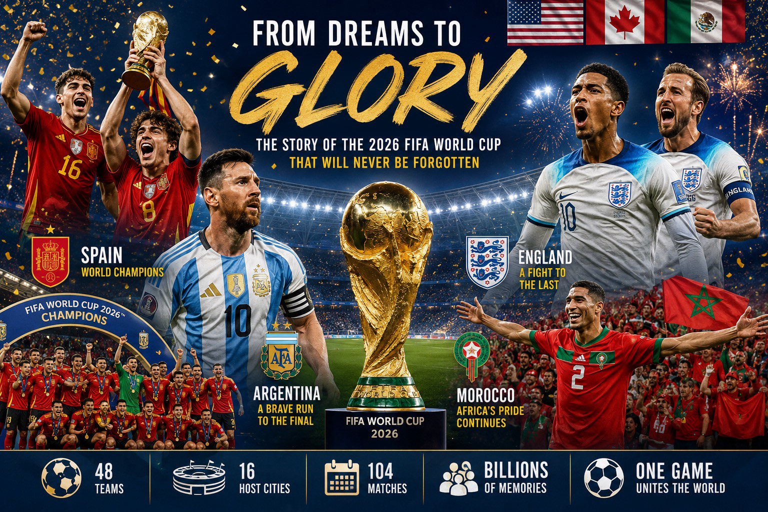 Every four years, the FIFA World Cup pauses the rhythm of everyday life and reminds us why football is unlike any other sport. It is more than ninety minutes on a pitch. It is hope carried by millions, dreams nurtured over generations, and emotions shared by entire nations. The 2026 FIFA World Cup was no exception. If anything, it surpassed expectations, delivering a tournament filled with unforgettable moments, tactical brilliance, rising stars, and stories that will be told for decades.



When FIFA announced that the tournament would expand to 48 teams and be jointly hosted by the United States, Canada, and Mexico, opinions were divided. Some feared that a larger competition would reduce the quality of football. Others questioned whether three host nations could successfully organize an event of such magnitude. By the time the final whistle blew, those doubts had largely disappeared. The tournament became a celebration of football’s remarkable global growth and proved that the Beautiful Game continues to evolve without losing its soul.



From the opening match to the championship celebration, the 2026 World Cup showcased football at its finest. Every day produced new heroes, unexpected twists, emotional farewells, and unforgettable memories. It was a tournament that united billions of supporters across continents and reaffirmed why the World Cup remains the pinnacle of international sport.



A New Era Begins



The most significant change in this edition of the World Cup was the expansion from 32 to 48 participating nations. For decades, many talented teams narrowly missed qualification because of limited places. The new format opened the door for more countries to experience football’s grandest stage.



Critics predicted an increase in one-sided matches. Instead, they witnessed the opposite.



Smaller nations arrived fearless and well prepared. Football development across Africa, Asia, North America, and Oceania has accelerated dramatically over the past decade, and this tournament reflected that progress. Teams that once entered the World Cup hoping simply to compete now arrived believing they could win.



That belief transformed the competition.



Every match demanded concentration. Every point became precious. Every nation, regardless of its ranking, played with ambition. The expanded format did not weaken the tournament—it strengthened it by making football’s greatest celebration more inclusive while maintaining an exceptional standard of competition.



Three Nations, One Extraordinary Festival



For the first time in history, three countries shared hosting responsibilities. The United States, Canada, and Mexico embraced the challenge with remarkable success.



The tournament became much more than a football competition. It evolved into a celebration of cultures, languages, and traditions. Stadiums were filled with supporters wearing every imaginable colour, while fan zones became gathering places where strangers celebrated together despite supporting different teams.



Every host city contributed its own unique atmosphere. Historic venues mixed with state-of-the-art stadiums, creating an unforgettable backdrop for the world’s biggest sporting event. The organization demonstrated that football truly belongs to the world.



Spain’s Return to the Summit



Every World Cup eventually crowns a champion worthy of history, and Spain earned that honour through consistency, intelligence, and outstanding football.



From the opening stages of the tournament, Spain displayed qualities that separated them from the competition. Their passing was precise, their movement relentless, and their understanding of space almost effortless. They controlled matches without becoming predictable and defended with discipline whenever possession was lost.



Their midfield dictated the tempo of games, while their defence combined composure with resilience under pressure. Rather than relying on moments of individual brilliance alone, Spain succeeded because every player understood their role within a collective system.



Championships are rarely won through talent alone. They require patience, adaptability, and mental strength.



Spain possessed all three.



Throughout the knockout rounds, they faced opponents determined to disrupt their rhythm, yet they consistently found solutions. Their ability to remain calm in difficult moments reflected the experience and confidence of a team fully committed to its football philosophy.



When they finally lifted the FIFA World Cup trophy, it represented the reward for years of careful planning, outstanding player development, and tactical excellence.



Argentina’s Courageous Defence



As defending champions, Argentina entered the tournament carrying enormous expectations.



Every opponent viewed defeating them as a statement. Every match became a final.



Despite the pressure, Argentina displayed remarkable determination throughout the competition. Their balance between experienced leaders and emerging talent allowed them to navigate difficult situations with composure.



Their journey to another World Cup final reminded everyone why champions deserve respect. Tournament football often rewards resilience more than spectacular performances, and Argentina repeatedly demonstrated an ability to survive difficult moments.



Although they ultimately fell short in the final, their campaign reinforced their status among international football’s greatest nations.



The Rise of Tactical Football



One of the defining features of the 2026 World Cup was the tactical sophistication displayed by competing teams.



Modern football has become a fascinating contest of ideas.



Managers no longer rely on fixed formations. Systems changed constantly depending on possession, opposition, and match situations. Full-backs drifted into midfield. Centre-backs initiated attacks. Goalkeepers acted as playmakers. Forwards became the first line of defence.



The best teams succeeded because every player understood not only their own responsibilities but also how those responsibilities changed throughout the match.



Football has become faster, smarter, and more demanding than ever before.



Goalkeepers: The Unsung Heroes



While forwards naturally receive headlines for scoring goals, the tournament repeatedly highlighted the importance of elite goalkeeping.



Throughout the competition, goalkeepers produced extraordinary performances that kept their nations alive.



Spectacular reflex saves.



Commanding aerial presence.



Outstanding distribution.



Leadership under pressure.



Several knockout matches were decided not by goals alone but by remarkable saves that changed momentum entirely.



The modern goalkeeper has evolved into one of football’s most complete athletes, expected to contribute both defensively and offensively.



The Emergence of New Stars



Every World Cup introduces players who leave the tournament transformed into global names.



The 2026 edition continued that tradition.



Young footballers embraced responsibility without fear. Established stars produced moments of brilliance expected from players performing on the sport’s biggest stage, while previously unknown talents seized opportunities to announce themselves before a worldwide audience.



These breakthrough performances reminded supporters that football’s future remains incredibly bright.



Across every continent, academies continue producing technically gifted, tactically intelligent players capable of competing at the highest level.



The next generation has arrived.



Africa’s Growing Influence



One of the tournament’s most encouraging stories was the continued progress of African football.



The continent has never lacked talent, but recent years have witnessed significant improvements in coaching, youth development, tactical organization, and professional experience.



African nations competed confidently against football’s traditional powers, refusing to be intimidated by reputation.



Morocco once again inspired supporters through disciplined defending and fearless attacking football, while other African representatives demonstrated that the gap separating the continent from the world’s elite continues to narrow.



Millions of young footballers across Africa watched these performances with renewed belief.



The message was clear.



The future belongs to those prepared to dream boldly.



Fans: The Heartbeat of the World Cup



No discussion of the World Cup would be complete without recognising the supporters.



Football without fans loses its heartbeat.



Throughout the tournament, stadiums overflowed with passion. Chants echoed from kickoff until the final whistle. Entire families travelled across continents to support their nations. Friendships formed between rival supporters who discovered that football often creates unity far stronger than division.



Some celebrated unforgettable victories.



Others experienced heartbreaking eliminations.



Yet every supporter contributed to the extraordinary atmosphere that makes the World Cup unique.



Long after tactical systems and scorelines are forgotten, memories of shared celebrations and emotional moments remain.



Lessons Beyond Football



The World Cup has always represented more than competition.



It teaches resilience.



It rewards teamwork.



It celebrates diversity.



It reminds us that preparation matters, but belief matters just as much.



Underdogs repeatedly challenged favourites because confidence often outweighs reputation. Champions succeeded because they remained composed during moments of immense pressure.



Football mirrors life.



Success is rarely achieved without setbacks.



Progress requires patience.



Greatness demands consistency.



These lessons extend far beyond sport.



Technology’s Expanding Role



Technology continued shaping modern football throughout the tournament.



Video review and goal-line technology helped improve decision-making while generating healthy debate among supporters.



Although opinions differ regarding certain interventions, technology has undeniably become part of football’s future.



The challenge moving forward is maintaining the game’s natural rhythm while ensuring fairness whenever possible.



Finding that balance will remain one of football’s most important conversations.



The Legacy of 2026



Years from now, supporters will remember different moments from this World Cup.



Some will remember spectacular goals.



Others will remember emotional celebrations.



Many will remember unexpected victories, heartbreaking defeats, and unforgettable individual performances.



Yet perhaps the tournament’s greatest achievement was demonstrating football’s continued ability to inspire.



In an increasingly divided world, billions of people spent weeks sharing the same emotions, celebrating the same moments, and speaking the same universal language.



Football.



The 2026 FIFA World Cup proved that while tactics evolve, technology advances, and formats change, the essence of the game remains untouched.



Hope before kickoff.



Belief during the match.



Joy in victory.



Dignity in defeat.



Anticipation for the next chapter.



That is why the World Cup continues to capture hearts unlike any other sporting event.



Looking Ahead



As supporters begin looking toward the next international cycle, one truth remains undeniable.



Football never stands still.



New stars will emerge.



New rivalries will develop.



New records will be broken.



Young dreamers kicking balls through neighbourhood streets today may become tomorrow’s World Cup heroes.



The journey toward the next tournament has already begun.



Until then, the memories of 2026 will continue to inspire millions around the globe. The images of passionate supporters, unforgettable matches, and football played at the highest level will live on as a reminder of why this sport is called the beautiful game.



The World Cup may last only a few weeks, but its stories last forever.



What was your defining moment of the 2026 FIFA World Cup? Was it Spain’s triumph, Argentina’s resilience, the rise of new stars, or the unforgettable passion of fans around the world? Share your thoughts in the comments and join the conversation—because football’s greatest stories are always best told together. ⚽🌍🏆