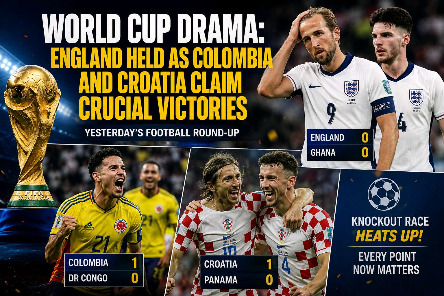 World Cup Drama as Knockout Race Heats Up  
Football fans were treated to another captivating day at the 2026 FIFA World Cup yesterday, as the race for a place in the knockout rounds became even more intense. Every point now carries enormous significance, and the latest round of fixtures delivered tactical battles, defensive masterclasses, and moments of brilliance that could define the tournament.  
The headline fixture saw England held to a frustrating 0-0 draw against Ghana in a match packed with intensity but lacking goals. England dominated possession for long spells and created several promising opportunities, yet Ghana's disciplined defensive display kept the Three Lions at bay. Goalkeeper Lawrence Ati-Zigi produced several key saves, while Ghana's backline remained compact throughout the contest. Although England earned a point, the result means qualification will now depend on their final group match, adding extra pressure on Gareth Southgate's side.  
For Ghana, the draw represented another impressive performance against one of the tournament favourites. Their organization, work rate, and determination frustrated England from the opening whistle, proving once again that international football is often decided by discipline as much as attacking flair.

  
Meanwhile, Croatia secured a vital 1-0 victory over Panama, keeping their hopes of reaching the Round of 32 alive. Croatia controlled much of the encounter through their experienced midfield, patiently waiting for the breakthrough before finally finding the decisive goal. Panama fought bravely and remained competitive until the final whistle but were unable to produce the equalizer that could have changed the outcome.

  
The day's final fixture featured Colombia, who edged DR Congo 1-0 in another closely contested match. Colombia displayed maturity and composure throughout the ninety minutes, relying on solid defending and clinical finishing to collect all three points. Their victory strengthens their position in the group standings and leaves them well placed ahead of the final round of matches.  
While the scorelines may appear modest, yesterday's games highlighted an important lesson about tournament football: winning often matters more than entertaining. Defensive organization, patience, and tactical discipline proved to be the defining themes across all three matches. As the World Cup progresses, teams are becoming increasingly cautious, knowing that one mistake can end their dream of lifting football's biggest trophy.  
Several nations have now positioned themselves strongly for qualification, while others face must-win encounters in their remaining group games. The pressure is mounting, and every minute on the pitch is becoming more valuable as the knockout stage approaches.  
Fans can now look forward to another exciting day of World Cup action, with more places in the Round of 32 expected to be decided. If yesterday's performances are any indication, the drama is only just beginning, and the tournament continues to remind the football world why the FIFA World Cup remains the sport's greatest spectacle.