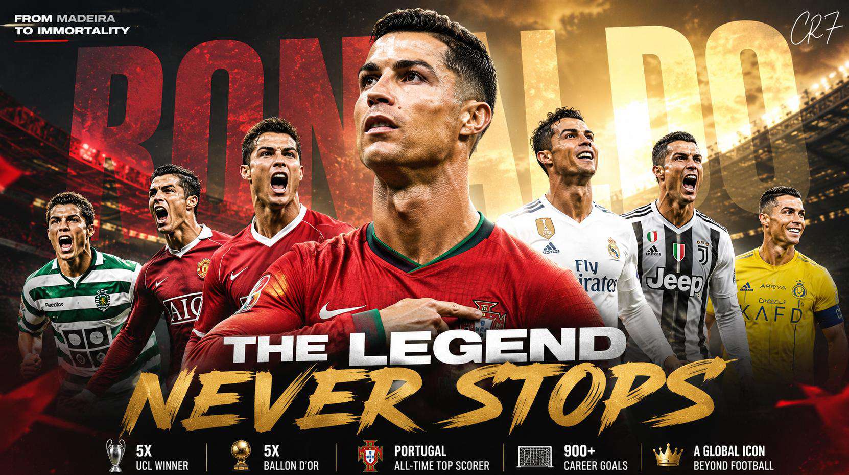 Cristiano Ronaldo is more than just a football player—he is a symbol of ambition, discipline, resilience, and greatness. From a humble childhood on the island of Madeira to becoming one of the greatest footballers in history, Ronaldo's journey proves that talent alone is never enough. 



**Early Life:** A Dream Born in Madeira

Cristiano Ronaldo dos Santos Aveiro was born on February 5, 1985, in Funchal, Madeira, Portugal. Growing up in a modest household, life was far from easy. His father worked as a kit man, while his mother struggled to support the family financially. Despite these challenges, young Cristiano found happiness with a football at his feet.

In 2003, everything changed when Manchester United signed the 18-year-old Portuguese winger after an impressive performance against Sir Alex Ferguson's team.

During his first spell at Manchester United, he achieved remarkable success:

  * Three Premier League titles
  * One UEFA Champions League trophy (2008)
  * One FIFA Club World Cup
  * His first Ballon d'Or in 2008

By the time he left England, Ronaldo had become one of the best players in world football.

# Real Madrid: The Golden Era

In 2009, Real Madrid signed Cristiano Ronaldo for a then-world record transfer fee. Many questioned whether he could justify such expectations.

At Real Madrid, Ronaldo rewrote football history:

  * 450 goals in only 438 matches
  * Four Champions League titles
  * Two La Liga titles
  * Four Ballon d'Or awards while at the club
  * Numerous scoring records that still stand today
  * 

Once again, Ronaldo proved his critics wrong.

He won:

  * Two Serie A titles
  * Coppa Italia
  * Italian Super Cup

In 2021, Ronaldo returned to Manchester United, creating one of football's most emotional homecomings.



## Al Nassr: A New Chapter

In late 2022, Cristiano Ronaldo joined Al Nassr in Saudi Arabia.

Many initially viewed the move as the end of his elite career. Instead, Ronaldo helped transform global interest in Saudi football. His arrival attracted millions of fans and inspired several world-class players to move to the Saudi Pro League.



## International Glory with Portugal

While Ronaldo achieved incredible success at club level, representing Portugal has always held a special place in his heart.

Some of his greatest international achievements include:

  * UEFA Euro 2016 Champion
  * UEFA Nations League Champion (2019)
  * Portugal's all-time leading scorer
  * International football's highest goalscorer
  * Most international appearances in men's football.



Records That Define Greatness

Cristiano Ronaldo's career is filled with records that may stand for generations.

Among his greatest achievements are:

  * Over 900 official career goals
  * Five Ballon d'Or awards
  * Five UEFA Champions League titles
  * Multiple Golden Boots
  * Highest goalscorer in UEFA Champions League history
  * Highest goalscorer in international men's football
  * First player to score in five FIFA World Cups
  * Hundreds of assists alongside his incredible goal tally

His consistency across different leagues, clubs, and competitions is unmatched.



## The Legacy of Cristiano Ronaldo

Cristiano Ronaldo's story is not simply about winning trophies or breaking records.

It is the story of a boy who refused to let circumstances define his future.

Every setback became motivation.

Every criticism became fuel.

Every success became the starting point for the next challenge.

As football continues to evolve, one truth remains undeniable: Cristiano Ronaldo's name will forever be remembered among the greatest athletes the world has ever seen.

## "Talent can open the door, but discipline, consistency, and hard work create legends. Cristiano Ronaldo is living proof of that truth."