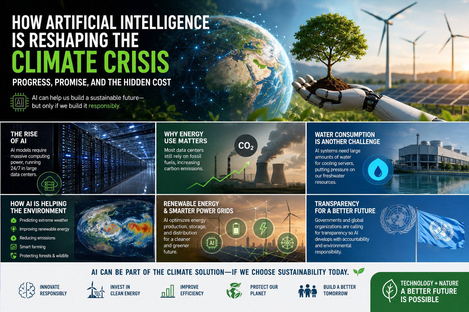 Artificial intelligence (AI) has rapidly become one of the most transformative technologies of the 21st century. From helping doctors diagnose diseases to creating digital art, AI is changing how people work, communicate, and solve problems. However, as AI continues to expand, scientists and environmental experts are raising an important question: Can AI help fight climate change while also contributing to it?



Recent reports show that the growing demand for AI is leading to the construction of thousands of new data centers around the world. These facilities require enormous amounts of electricity and water to operate and cool their servers. As companies race to build more powerful AI systems, their environmental impact has become a major global concern. At the same time, AI is also proving to be an important tool in predicting extreme weather, improving renewable energy systems, reducing waste, and helping researchers better understand climate change.  



The Rise of AI



Artificial intelligence has experienced unprecedented growth over the past few years. Millions of people now use AI-powered tools daily for education, business, entertainment, writing, and software development.



Technology companies are investing billions of dollars into developing smarter AI models capable of performing increasingly complex tasks. This rapid expansion requires massive computing power, which depends on large-scale data centers operating around the clock.  



What Are Data Centers?



Data centers are buildings filled with powerful computers that store information and process internet traffic. Every time someone asks an AI assistant a question, generates an image, or uses AI software, data centers perform the calculations behind the scenes.



Modern AI models require significantly more computing resources than traditional internet searches. This means more electricity, larger facilities, and additional cooling systems.



Experts estimate that electricity demand from AI data centers could rise dramatically over the next decade if current growth continues.  



Why Energy Use Matters



Most electricity around the world is still generated using fossil fuels such as coal and natural gas.



When AI data centers consume more electricity, they may indirectly increase carbon emissions unless they are powered by renewable energy.



Several leading technology companies have acknowledged that their greenhouse gas emissions have increased as they expand AI infrastructure, making it harder to achieve previously announced climate goals.  



Water Consumption Is Another Challenge



Many people don’t realize that AI also requires large amounts of water.



Servers generate enormous heat while processing information. Cooling systems often rely on water to prevent overheating.



Environmental researchers warn that global AI expansion could significantly increase freshwater consumption, especially in regions already facing water shortages.  



How AI Is Helping the Environment



Despite these challenges, AI also offers remarkable opportunities to protect the environment.



Scientists are using AI to:



* Predict hurricanes, floods, and wildfires earlier.

* Improve weather forecasting.

* Optimize renewable energy production.

* Reduce traffic congestion and fuel consumption.

* Detect methane leaks from oil and gas infrastructure.

* Improve farming by reducing water and fertilizer use.

* Monitor forests and wildlife.



Researchers believe these applications could help reduce emissions and make communities more resilient to climate change.  



Renewable Energy and Smarter Power Grids



AI is helping electricity companies manage power more efficiently.



Because solar and wind energy depend on weather conditions, AI analyzes forecasts and electricity demand to determine when energy should be stored or distributed.



This makes renewable energy more reliable while reducing waste.



Many experts believe AI-powered energy management will become increasingly important as countries transition toward cleaner electricity.  



Governments Want Greater Transparency



International organizations are beginning to call for greater openness about AI’s environmental footprint.



In June 2026, the United Nations announced an initiative encouraging AI companies to publicly disclose their carbon emissions, water use, land requirements, and renewable energy commitments. The goal is to ensure that technological innovation develops alongside environmental responsibility.  



The Debate Continues



Some researchers argue that AI’s environmental benefits could outweigh its costs if governments and companies invest heavily in renewable energy and energy-efficient technologies.



Others believe the rapid expansion of AI risks increasing global emissions before cleaner energy infrastructure is ready.



Both perspectives agree on one point: AI’s environmental impact depends largely on how governments, businesses, and consumers choose to develop and use the technology.  



Looking Ahead



Artificial intelligence is likely to remain one of the defining technologies of this century. It has the potential to revolutionize healthcare, education, transportation, agriculture, and scientific research.



However, its future success will not be measured only by how intelligent AI becomes, but also by how responsibly it is developed.



Balancing innovation with sustainability will be one of the biggest challenges facing governments, technology companies, and society over the coming years.



Conclusion



Artificial intelligence presents both opportunities and challenges for the environment. While AI consumes growing amounts of electricity and water through expanding data centers, it also offers powerful tools for addressing climate change, improving renewable energy systems, and protecting natural resources.



The coming decade will determine whether AI becomes part of the climate solution—or adds to the problem. Achieving the right balance will require investment in renewable energy, greater transparency from technology companies, and responsible use of AI by individuals and organizations alike.