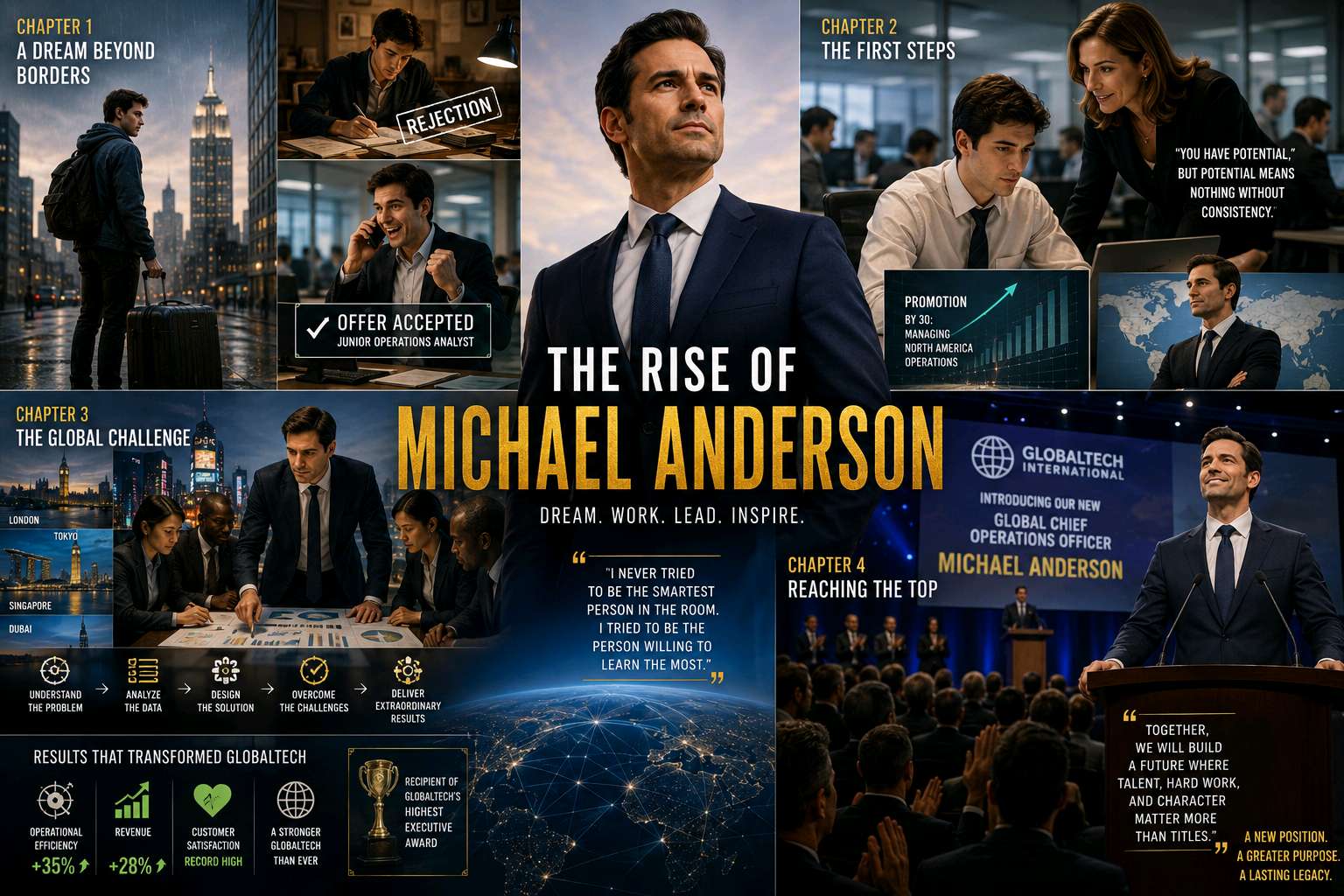 Chapter 1: A Dream Beyond Borders



Michael Anderson stood in front of the glass wall of his office on the 48th floor, looking down at the endless skyline of New York City. The morning sun reflected from hundreds of skyscrapers, creating a golden glow across Manhattan.



At just forty-two years old, Michael had become one of the most respected executives in the world. As the Global Chief Operations Officer of GlobalTech International, a multinational corporation operating in over eighty countries, he managed thousands of employees and billions of dollars in annual revenue.



Yet, standing there in his expensive suit, Michael remembered a very different life.



Twenty years earlier, he had been a young graduate from a small town in Ohio. His family was not wealthy. His father worked long hours as a mechanic, while his mother taught at a local elementary school. They lived modestly, but they taught Michael lessons that would shape his future: honesty, discipline, and perseverance.



"Success isn't about where you start," his father often told him. "It's about how far you're willing to go."



Those words remained in Michael's mind throughout his journey.



After graduating from college with a degree in Business Administration, Michael moved to New York with only two suitcases and a few hundred dollars in savings. The city was intimidating. Millions of people competed for opportunities every day.



For months, he submitted job applications. Many companies rejected him.



Some never replied.



Others told him he lacked experience.



Each rejection felt painful, but Michael refused to quit.



One rainy afternoon, he finally received an interview invitation from GlobalTech International. At the time, the company was growing rapidly and searching for ambitious young professionals.



The interview was challenging.



Three senior managers asked difficult questions about leadership, problem-solving, and business strategy.



When the interview ended, Michael believed he had failed.



A week later, his phone rang.



"Congratulations," the recruiter said. "We would like to offer you a position as a junior operations analyst."



Michael nearly dropped the phone.



That single call changed his life.



Chapter 2: The First Steps



Michael's first years at GlobalTech were far from glamorous.



His desk sat in a crowded office filled with dozens of analysts. He spent long hours reviewing spreadsheets, preparing reports, and supporting senior managers.



Many employees left after a few months.



The workload was demanding.



The pressure was intense.



But Michael viewed every challenge as an opportunity to learn.



While others rushed home after work, he stayed late studying company processes. He asked questions. He volunteered for difficult projects.



His managers noticed.



One executive in particular, Sarah Thompson, became his mentor.



Sarah was known throughout the company as a brilliant strategist.



"You have potential," she told Michael during one meeting. "But potential means nothing without consistency."



Michael never forgot that advice.



Under Sarah's guidance, he learned how international businesses operated. He studied supply chains, financial planning, leadership psychology, and global market trends.



Within three years, he earned his first promotion.



Then another.



And another.



By age thirty, Michael was managing regional operations across North America.



His success attracted attention throughout the company.



Yet he remained humble.



Whenever journalists later asked him about the secret behind his rise, he always gave the same answer:



"I never tried to be the smartest person in the room. I tried to be the person willing to learn the most."



Chapter 3: The Global Challenge



Everything changed when GlobalTech faced its biggest crisis.



A global economic downturn disrupted supply chains across multiple continents. Production delays cost millions of dollars.



Customers grew frustrated.



Investors became nervous.



The company's leadership team urgently needed solutions.



Michael was assigned to lead a special task force.



The responsibility was enormous.



Failure could damage his career.



Success could transform it.



For six months, Michael traveled continuously between New York, London, Tokyo, Singapore, and Dubai.



He met employees, suppliers, government officials, and business partners.



He listened carefully.



Instead of blaming people, he focused on understanding problems.



Gradually, patterns emerged.



Several inefficiencies across the company's global network were creating unnecessary delays.



Michael designed a comprehensive restructuring plan.



Many executives considered the proposal risky.



Others doubted it would work.



But Michael believed in the data.



After weeks of debate, the board approved his strategy.



The implementation was difficult.



There were setbacks.



Unexpected obstacles appeared.



Yet Michael and his team remained committed.



One year later, the results exceeded expectations.



Operational efficiency improved dramatically.



Revenue increased.



Customer satisfaction reached record levels.



GlobalTech emerged stronger than before.



For his leadership during the crisis, Michael received the company's highest executive award.



More importantly, he earned the trust of the board of directors.



That trust would open doors he had never imagined.



Chapter 4: Reaching the Top



Five years later, Michael entered the company's annual leadership conference.



Thousands of employees watched from the audience.



Millions more viewed online.



The Chairman stepped onto the stage.



"Ladies and gentlemen," he announced, "today we welcome our new Global Chief Operations Officer."



The giant screen displayed Michael's photograph.



The audience erupted into applause.



Michael felt emotional.



He remembered the small town where he grew up.



He remembered every rejection letter.



Every difficult night.



Every sacrifice.



Now he was helping lead one of the largest international companies in the world.



As he walked toward the stage, he realized something important.



Success was never a destination.



It was a responsibility.



A responsibility to inspire others.



A responsibility to create opportunities.



A responsibility to lead with integrity.



When Michael finally stood behind the podium, the room became silent.



He smiled.



Then he spoke.



"Twenty years ago, I entered this company as a junior analyst with big dreams and very little experience. Today, I stand before you because countless people believed in me, guided me, and challenged me to become better."



He paused.



"And my promise is simple: together, we will build a future where talent, hard work, and character matter more than titles."



The audience rose to their feet.



It was not merely the beginning of a new position.



It was the beginning of a new legacy.



To Be Continued...