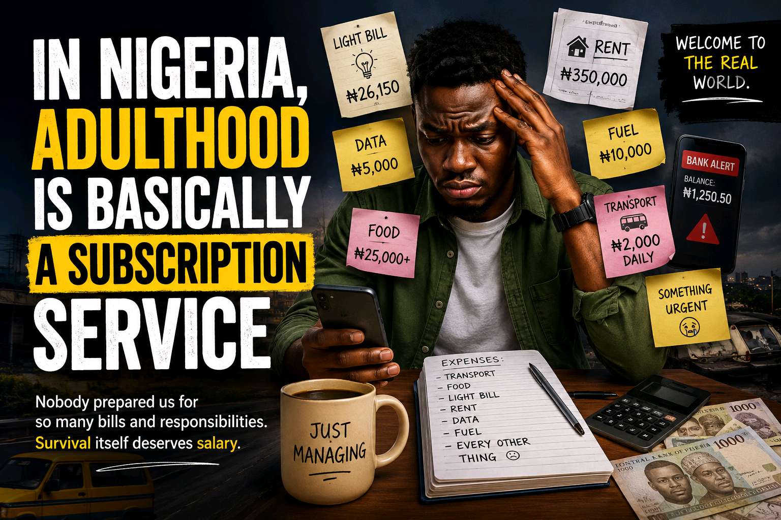 One of the biggest scams nobody prepared us for is adulthood in Nigeria. Growing up, many of us thought being an adult meant freedom, enjoyment, and doing whatever we liked without anybody controlling us. It looked sweet from the outside. You imagined yourself making your own decisions, buying whatever you wanted, sleeping whenever you liked, and finally escaping all those house rules. Nobody sat us down to explain that adulthood in Nigeria is mostly just paying for things you didn’t know people paid for, while acting like you’re okay.

As a child, life looked simple. Food appeared. Electricity was something you used without thinking twice. Water came and went without you calculating how much it cost. Data was not your problem. Rent was a word adults argued about, not something that could disturb your sleep. Fuel was just fuel. You didn’t know that one day your whole peace of mind would depend on whether your account balance could survive the week.

Then adulthood comes and introduces itself like a debt collector.

Suddenly you are paying for transport. You are paying for food. You are paying for electricity. You are paying for data. You are paying for fuel. You are paying for “small small” things that somehow add up to a very big problem. And just when you think you’ve handled the important expenses, one new emergency rises from nowhere like a surprise villain. Your slippers spoil. Your charger stops working. Your gas finishes. Your friend is doing birthday contribution. Somebody in the family has “urgent need.” Your bank app is misbehaving. Your landlord is sending messages that sound like threats disguised as reminders.

The funniest part is how adulthood does not even allow you to suffer in peace. You can be broke and still be expected to look responsible. Nobody cares that your account is fighting for survival. Bills will still come with confidence. Your phone network will still remove data like they’re harvesting crops. The fuel in your generator will finish at the exact moment the heat is trying to kill you. The transport fare you used last week will suddenly increase because “everything has gone up.” Even your appetite seems to know when your account is low and starts craving the most expensive food.

Adulthood in Nigeria is also about pretending you are managing when in reality you are doing calculations every hour. You enter a supermarket and suddenly discover you have become a financial analyst. You pick something, check the price, put it back, walk around, come back to it, and finally leave without it. Not because you don’t want it, but because your account balance and your responsibilities are already in a toxic relationship.

And let’s talk about the emotional stress of “urgent 2k.” There is always somebody, somewhere, with an urgent need. It may be transport. It may be food. It may be “I’ll send it back tomorrow.” The problem is that tomorrow in Nigeria is a spiritual concept. Once that money leaves your account, it may never return again. Yet adulthood somehow expects you to be generous, wise, responsible, and financially stable at the same time.

Another thing nobody tells you is that adulthood can make you miss nonsense. You start missing the days when your biggest problem was whether NEPA took light during your favorite TV show. Now you’re the one buying the fuel, paying the bills, and praying your generator doesn’t develop one mysterious fault that will require “just 15k to fix.” You even begin to understand why older people used to sigh before answering simple questions. That sigh was not rudeness. It was the sound of responsibility choking them.

The truth is, adulthood in Nigeria is not for the weak. It requires prayer, patience, discipline, humor, and the ability to laugh at pain before pain laughs at you. It teaches you that there is always one more expense waiting behind the corner. It teaches you that “I’m just managing” is not a statement; it is a lifestyle. It teaches you that financial peace is one of the sweetest things a human being can experience.

But somehow, in the middle of all the stress, there is something funny and unifying about it too. Almost every Nigerian adult understands the silent pain of checking your account balance before making a decision. Almost everybody knows what it means to postpone enjoyment because responsibilities are lined up like a queue. We laugh about it because if we don’t laugh, the pressure itself can turn into another bill.

So yes, adulthood in Nigeria is basically a subscription service. Every month, every week, and sometimes every single day, there is something waiting to collect money from you. And the funniest part is that nobody asked whether you wanted to subscribe. Life just clicked “auto-renew” on your behalf.

If adulthood in Nigeria has humbled you before, then you already know the truth: survival itself deserves salary.