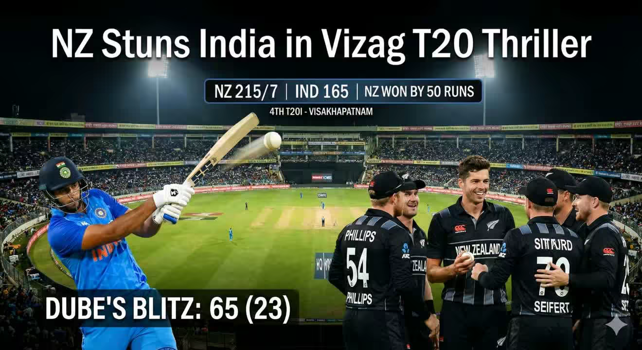 Dube’s Blitz in Vain: New Zealand Stuns India by 50 Runs in Vizag