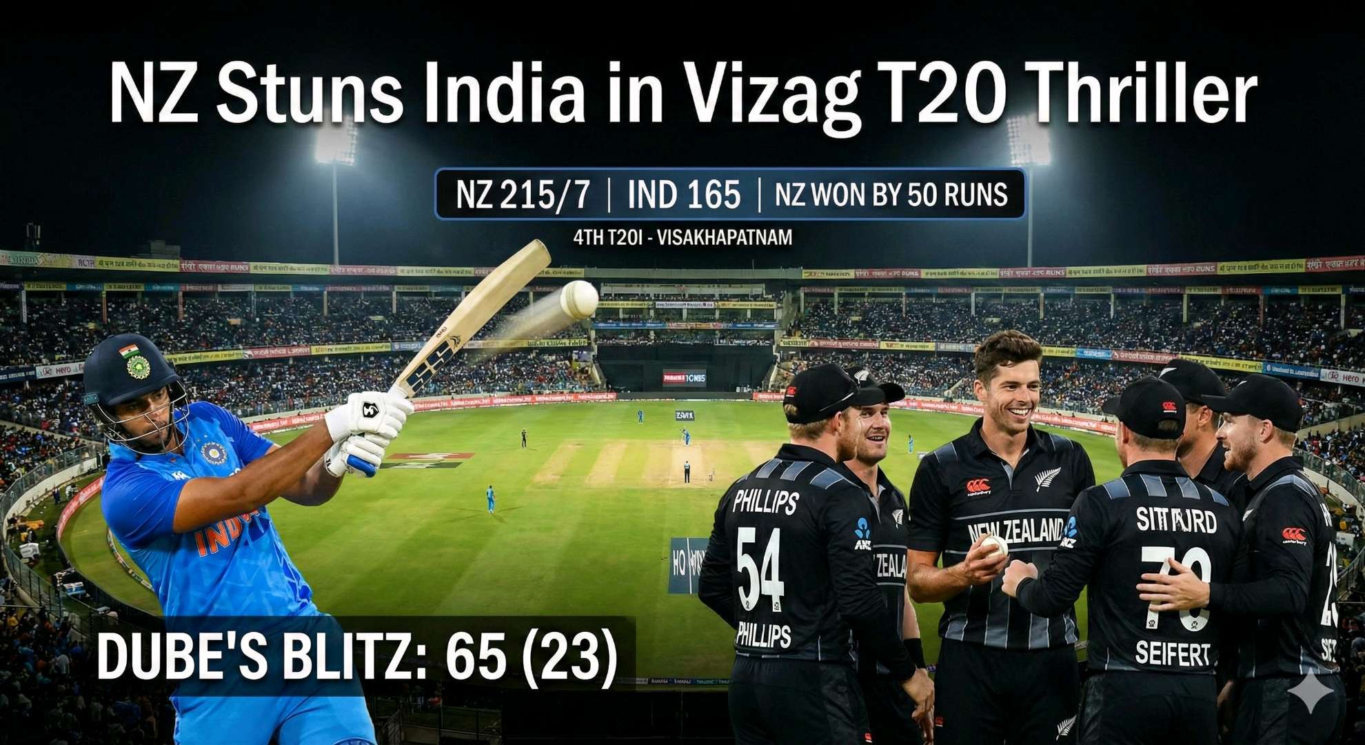 Dube’s Blitz in Vain: New Zealand Stuns India by 50 Runs in Vizag