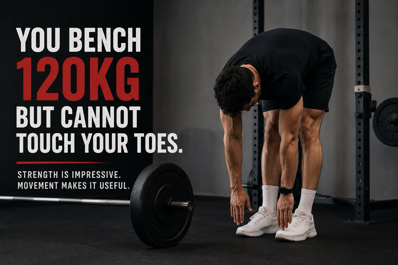 You load the bar, chalk your hands, and press 120 kg like it is nothing. 



Then someone asks you to touch your toes, and suddenly you turn into a robot doing yoga for the first time.



Sound familiar?



Most lifters probably brush it off. Mobility work can feel like something for yoga classes, not for someone who can move serious weight. 



But here’s the funny part: 

**being strong and being mobile are two different things, and you can absolutely be both strong and stiff.**



Here’s why it happens.



Strength training makes you better at producing force in the movements you repeatedly train. But getting stronger doesn’t automatically increase your range of motion. 



If your training rarely takes your joints through certain positions, those movements may continue to feel restricted.



That’s why someone can have an impressive bench press and still struggle to reach their toes.



And for a sportsperson, this isn’t just an embarrassing party trick.

Limited movement can affect how comfortably you perform certain skills. 



Restricted ankle movement can make a deep squat more difficult. Limited hip movement can affect positions that require running, cutting or changing direction. And restricted shoulder movement can make overhead movements, throwing or reaching more challenging.



Your strength is there.



You just need enough movement and control to use it effectively.



Nobody posts their toe touch on social media. Everyone posts their max bench.



But training for mobility doesn’t mean giving up your heavy lifts or spending an hour stretching every day. It can be much simpler than that.

### **Give your body a few extra minutes**

Before you lift, try some controlled leg swings or other dynamic movements to get your hips moving through a comfortable range. You’re not trying to force flexibility; you’re simply preparing your body for movement.



After training, you can spend a few minutes working on movements that feel restricted. 

For example, a slow, comfortable hamstring stretch can help you work on reaching toward your toes without bouncing or forcing the movement.



And don’t forget your ankles. 



A few minutes of controlled knee-to-wall or similar ankle mobility work a couple of times a week can help you gradually become more comfortable moving your knee forward over your foot.



That’s it.



No fancy equipment. No separate mobility day. No abandoning your lifting routine.

Just a few extra minutes added to the training you’re already doing.



And don’t expect a completely different body after one session. Mobility is something you build gradually. 



With consistent practice, you may notice that movements such as squatting, reaching or getting down to the floor feel more comfortable and controlled.



None of this means your strength was the problem.



In fact, strength and mobility can work together.



Keep chasing the big numbers. Nobody is telling you to stop.



Just make sure your body can move well enough to use that strength when your sport actually demands it.



Because a huge bench with limited movement is a little like having a sports car with a very powerful engine but questionable steering.



**All that power is great. Being able to control where it goes is even better.**
