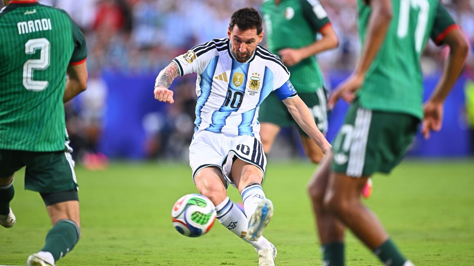• Algeria - Lionel Messi

scores stunning hat-trick to draw level in all-time World

Cup scoring charts

Match report as Lionel Messi registered his first

World Cup hat-trick while moving level in the tournaments all-time scoring charts with Germany's Miroslav Klose; it meant defending champions Argentina got off to a dominant defence of their title, overpowering Algeria in a 3-0 win



The eyes of the world were mesmerised by the untouchable Lionel Messi as he wrote himself into history by scoring a stunning hat-trick to give Argentina the perfect start to their World Cup title defence, beating Algeria 3-0 in Kansas.



The game was an exhibition of Messi's talent on his favourite stage of all. Sharp and unerring, he was a level above every other player on the park. Perhaps, even, a class above any other to grace a World Cup finals.



His treble ensured he drew level in the all-time scoring charts with Germany's Miroslav Klose on 16 tournament goals, also becoming the the oldest player to score multiple times in a World Cup match, surpassing Roger Milla's record.



The 38-year-old was ably supported by Enzo Fernandez, Alexis Mac Allister and club team-mate Rodrigo De Paul, but the night firmly belonged to him as he scored a trio of epic goals in a display that will be talked about for decades. His 61st career hat-trick.



The first was engineered by De Paul, delivering a cutting through ball to Messi in the pocket, and he shaped a lovely strike beyond Luca Zidane - son of France legend Zinedine Zidane.



Having been fortunate to avoid a red card for a challenge on Aissa Mandi, Messi's second arrived early in the second half, turning home a parried effort from Mac Allister, before the third from the edge of the area, a low, bending strike, gave him his crowning moment.



He was subbed off to a standing ovation shortly after from a heavily pro-Argentina crowd. But even those of an Algerian persuasion will no doubt have been delighted to witness the great magician at work. A glimpse of history up close and personal.



The goals came 20 years to the day that the No 10 made his World Cup debut for Argentina in a match against Serbia and Montenegro - he scored in that one, too.



"At a loss for words about Leo. What can I say?" Argentina coach Lionel Scaloni reflected. "He's incredible."



The key moments from Kansas City...



The fixture will be remembered for Messi's incredible hat-trick to guide his side to victory, but there was one controversial moment intertwined amongst his masterclass.



17: GOAL! Messi took De Paul's cutting pass on the half turn and bent a sumptuous strike into the top corner.



32: RED CARD? Messi avoids red card after raking his studs down the calf of Algeria's Mandi.



60: GOAL! The No 10 pounced on a parried effort from Mac Allister, steering home with his weaker right foot.



76: GOAL! Messi's hat-trick is complete, arriving on the edge of the box to curl expertly inside the post.



Should Messi have been sent off?



Hat-trick hero Lionel Messi guided Argentina to a 3-0 win against Algeria, but should he have been sent off in the first half?



After firing in the opener, Messi battled for possession and raked his studs down the calf of Algeria defender Aissa Mandi.



Referee Szymon Marciniak blew for a foul but did not caution Messi, while VAR also did not appear to check the incident.



IFAB rules state a player should be sent off for a tackle that "endagers the safety of an opponent or uses excessive force".



It also states that any player who lunges at an opponent with "excessive force or endangers their safety" is guilty of serious foul play.



Messi went on to complete his hat-trick in the second half with two more goals in 16 minutes.



So, it's time to have your say! Should Messi have seen red in the first half before his historic hat-trick? Let us know!



Messi: World Cup hat-trick the 'cherry on top'



Argentina captain Lionel Messi:



"It makes me very happy to have lived through everything that came my way. What I'm living though now is the cherry on top.



"I'm very happy and grateful for this wonderful group. I enjoy it so much."



He added: "When I'm in good shape, I give it my all."



Sky Sports' Laura Hunter:



A team performance to ignite a nation's hopes of back-to-back glory. An individual display to revere for many years to come. 38 years young, Lionel Messi's influence at a World Cup finals has never been more keenly felt.



Beyond his goals, which were all deftly taken, he took the most shots (six) and registered the joint-most touches in the opposition box (four) - both metrics he would be expected to top. But his work rate was equally noticeable, akin to the industry of a player half his age.



Only De Paul and Fernandez made more tackles for Argentina. He won three duels in the middle of the park. He offered seven passes into the final third for team-mates.



This global superstar has surely outdone even his own elite standards in game one of a tournament where his fitness was in doubt. His 200th international cap was no more than a celebration of the greatest footballer of all time.



Remarkably, Messi has never won a World Cup Golden Boot before. This, his last last dance on the world stage, is surely the time to correct that.

