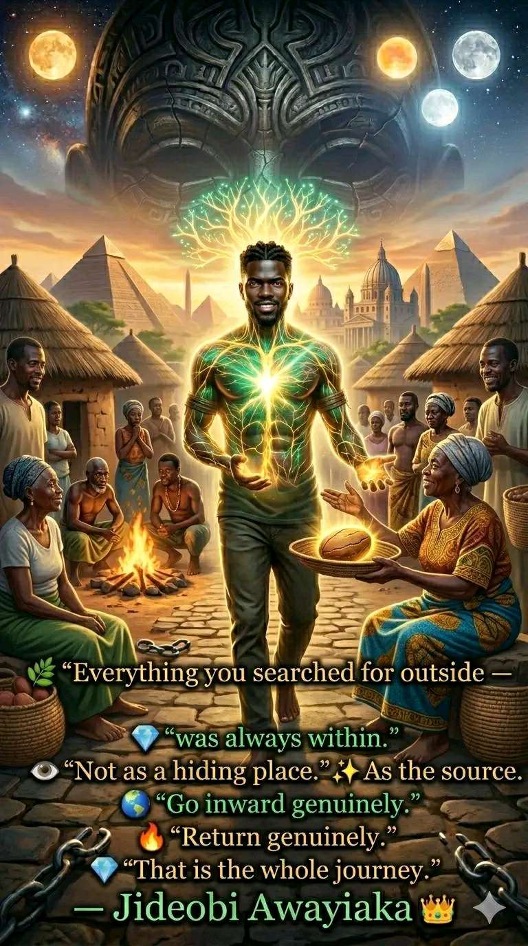 Everything You Were Searching For Outside —

Was Already Within.

This Is Not A Cliché. ❌

It Is The Most Documented Truth

In All Of Human Spiritual History. ✅💎

We have traveled

a genuine distance

in this series. 🌿

We began with

the misunderstanding

of what returning to roots means. 🌿

We explored the real nature

of sacrifice. 💔

We named the middle place

honestly. 💎

We looked at

what genuine alignment

actually looks like. 👁️

We honored the pain

of being misunderstood. 💔

We challenged the idea

that suffering

is spiritual currency. 💔

And now we arrive —

at the truth —

that every post

in this series

was pointing toward. 💎

🌿🌿🌿 The Igbo tradition

states it most simply —

"Chi onye di na ya." 🌿⚡

"A person's Chi is within them."

Not in the ceremony. ❌

Not in the tradition. ❌

Not in the community. ❌

Not in the sacrifice. ❌

Not in the performance. ❌

Not in the approval. ❌

Not in the suffering. ❌

Within. 💎

This is not

the beginning of the journey. ❌

This is the journey's destination —

discovered to have been

the starting point —

all along. 💎✨

Every genuine seeker

eventually arrives

at the same recognition —

I was looking for something —

that was never lost. 💎👁️

I was searching for something —

that was always present. 💎✨

I was performing toward something —

that required no performance —

only presence. 💎🌿

🏛️🏛️🏛️ The Egyptians

called the fully realized soul

the Akh —

the shining one —

the luminous being —

that a human becomes

when Ba and Ka

are fully united. ✨💎

But the Egyptians

were specific

about what produced the Akh. 👁️

Not more ceremony. ❌

Not more sacrifice. ❌

Not more outer performance. ❌

The honest inward journey. 💎

The willingness to go

into the Duat —

the inner depths —

to face every shadow —

every unresolved truth —

every place where

the soul had been

living dishonestly —

And emerge —

not victorious —

but genuine. 💎✨

The Akh was not

a spiritual achievement. ❌

It was a spiritual honesty. 💎

The soul

that stopped performing —

and started being. 💎✨🔥

📖📖📖 The Gospel of Thomas

Saying 3 —

perhaps the most important

saying in the entire gospel —

"If your leaders say to you —

look the kingdom is in the sky —

then the birds will get there first.

If they say it is in the sea —

then the fish will get there first.

But the kingdom is within you

and it is outside you.

When you know yourselves

you will be known.

And you will understand

that you are children

of the living father." 💎👁️✨

Within you. 💎

And outside you. 💎

Not one or the other. ❌

Both simultaneously. 💎

Because when the journey

genuinely goes inward —

deep enough —

honest enough —

completely enough —

It does not end inside. ❌

It flows back outward —

as a life genuinely lived —

as service genuinely given —

as truth genuinely spoken —

as love genuinely expressed. 💎✨🌍

The inward journey —

when complete —

becomes the outward expression. 💎🔥

💫💫💫 The Yoruba tradition

gives us the most

practically beautiful

description of this completion —

through the concept of

Ori rere —

the good inner head —

the Ori

that has been aligned —

honored —

genuinely followed —

And that now expresses itself —

naturally —

through a life —

of genuine beauty —

genuine service —

genuine purpose. 💎💫✨

The Yoruba do not ask —

"Are you spiritually advanced?" 🤔

"Have you performed enough?" 🤔

"Have you suffered sufficiently?" 🤔

They ask —

"Ori rere ni?" 💫💎

"Is your inner head good?"

Is your inner life

genuinely aligned? 💎

Is your Ori being honored? 💫

Is your life expressing

what your soul came to express? 💎

That question —

simple and direct —

is the entire spiritual path —

summarized. 💎✨🔥

🌍🌍🌍 Every tradition

we have drawn from

in this entire series —

The Igbo Chi. 🌿⚡

The Egyptian Akh. ✨🏛️

The Yoruba Ori rere. 💫💎

The Gospel of Thomas kingdom within. 💎📖

The Sufi Fana. 🌙💎

The Buddhist genuine freedom. 🙏💎

The Hindu Jivanmukta. ✨💎

The Celtic inner knowing. 🌿💎

The Lakota vision quest. 💎🌿

All pointing —

in every language —

on every continent —

in every age —

at the same place. 💎

Within. 💎✨

Not as a hiding place. ❌

Not as an escape. ❌

Not as spiritual selfishness. ❌

As the only genuine source —

of everything the human soul —

was ever truly searching for —

outside itself. 💎✨🌍

💔💔💔 And here is

the final honest truth

of this entire series —

The journey inward —

is not a journey

away from your people. ❌💔

It is the journey —

that makes you genuinely useful —

to your people. 💎🌍

The soul that has gone

genuinely inward —

that has found

the Chi —

that has aligned

with the Ori —

that has released

the outer performance —

and found the inner reality —

Does not disappear —

into spiritual isolation. ❌

It returns. 💎

As the kola bearer. 🌿💎

As the one who brings life. ✨

As the voice —

that speaks from somewhere real —

and reaches people —

in the place —

where they are most genuinely themselves. 💎🌍🔥

That is the mission. 💎

That is what genuine spiritual growth —

in every tradition —

on every continent —

was always producing. 🌍💎

Not more spiritual performers. ❌

Not more outer ceremony. ❌

Not more suffering

offered as credential. ❌

Human beings —

genuinely aligned —

genuinely alive —

genuinely themselves —

returning to their communities —

carrying the kola —

bringing the life —

that only the genuinely inward journey —

can produce. 💎✨🔥

Ọ ga-adị mma. 🌿✨

It shall be well. 💎

It is already well. ✨

The Chi knows. 🌿⚡

The Ori is aligned. 💫💎

The journey continues. 🌍🔥

What is one honest step ❓

you will take today —

inward —

toward your own Chi —

your own genuine truth —

your own real alignment? 💎🌿

Name it below. 👇

Not for performance. ❌

For the record. 💎

Let the ancestors witness it. 🌿🙏

Rooted in Igbo wisdom. 🌿

Connected to all humanity. 🌍

For all races. 👑

For all ages. ✨

— Jideobi Awayiaka 👑

(Ọmụ nke Ọchịchọ Chukwu — Child of Divine Seeking)

Messenger of Divine Order 🌍✨🔥#SpiritualAwakening #Spirituality #consciousness #enlightenment #Awake #high #Spiritualgrowth #Soul #Stillness #trending #HeavenOnEarth

#DivineLove #Dharma #restoration 

#Viral #GrobalRevial #faith  #lightworker   #innerpeace   #spiritualhealing   #stoicism  #wisdom #HealingJourney