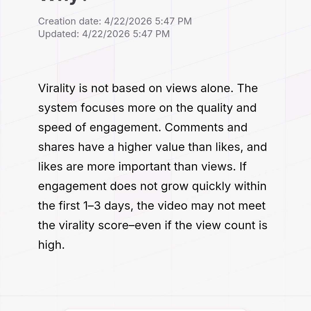 # 1. Views Alone Are Not Enough  
Just because a video gets a high number of views doesn't mean the algorithm (the social media system) will automatically make it go viral. The system focuses heavily on the speed and quality of user engagement.  
2. Levels of Engagement (Hierarchy of Value)  
The system assigns different values to different types of engagement. The hierarchy is as follows:  
Highest Value: Comments and Shares  
Medium Value: Likes  
Lowest Value: Views  
In other words, the system places a much higher value on a video when a user leaves a comment or shares it with someone else, rather than just watching it and passing by.  
3. The Timeframe (The 1–3 Days Window)  
The video must show rapid engagement growth within the first 1 to 3 days of being uploaded. If it fails to gain fast comments, shares, and likes during this critical window, its "Virality Score" will drop, and it won't go viral—even if the initial view count is high.  
In short: If you want your videos to go viral and reach a wider audience rather than just gaining views, you need to include questions or hooks in your content that actively encourage viewers to comment, like, and share.1. Views Alone Are Not Enough  
Just because a video gets a high number of views doesn't mean the algorithm (the social media system) will automatically make it go viral. The system focuses heavily on the speed and quality of user engagement.  
2. Levels of Engagement (Hierarchy of Value)  
The system assigns different values to different types of engagement. The hierarchy is as follows:  
Highest Value: Comments and Shares  
Medium Value: Likes  
Lowest Value: Views  
In other words, the system places a much higher value on a video when a user leaves a comment or shares it with someone else, rather than just watching it and passing by.  
3. The Timeframe (The 1–3 Days Window)  
The video must show rapid engagement growth within the first 1 to 3 days of being uploaded. If it fails to gain fast comments, shares, and likes during this critical window, its "Virality Score" will drop, and it won't go viral—even if the initial view count is high.  
In short: If you want your videos to go viral and reach a wider audience rather than just gaining views, you need to include questions or hooks in your content that actively encourage viewers to comment, like, and share.1. Views Alone Are Not Enough  
Just because a video gets a high number of views doesn't mean the algorithm (the social media system) will automatically make it go viral. The system focuses heavily on the speed and quality of user engagement.  
2. Levels of Engagement (Hierarchy of Value)  
The system assigns different values to different types of engagement. The hierarchy is as follows:  
Highest Value: Comments and Shares  
Medium Value: Likes  
Lowest Value: Views  
In other words, the system places a much higher value on a video when a user leaves a comment or shares it with someone else, rather than just watching it and passing by.  
3. The Timeframe (The 1–3 Days Window)  
The video must show rapid engagement growth within the first 1 to 3 days of being uploaded. If it fails to gain fast comments, shares, and likes during this critical window, its "Virality Score" will drop, and it won't go viral—even if the initial view count is high.  
In short: If you want your videos to go viral and reach a wider audience rather than just gaining views, you need to include questions or hooks in your content that actively encourage viewers to comment, like, and share.